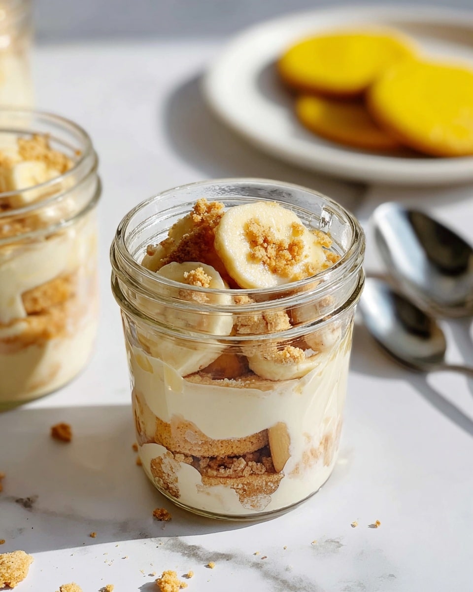A clear glass jar filled with three main layers: at the bottom, a light cream-colored smooth base; in the middle, broken light brown cookie pieces; and on top, thick banana slices mixed with more crumbs of the cookie, all shining under bright light on a white marbled surface. In the blurred background, more glass jars and a white plate with yellow cookies are visible, along with two silver spoons resting on the surface. Photo taken with an iphone --ar 4:5 --v 7