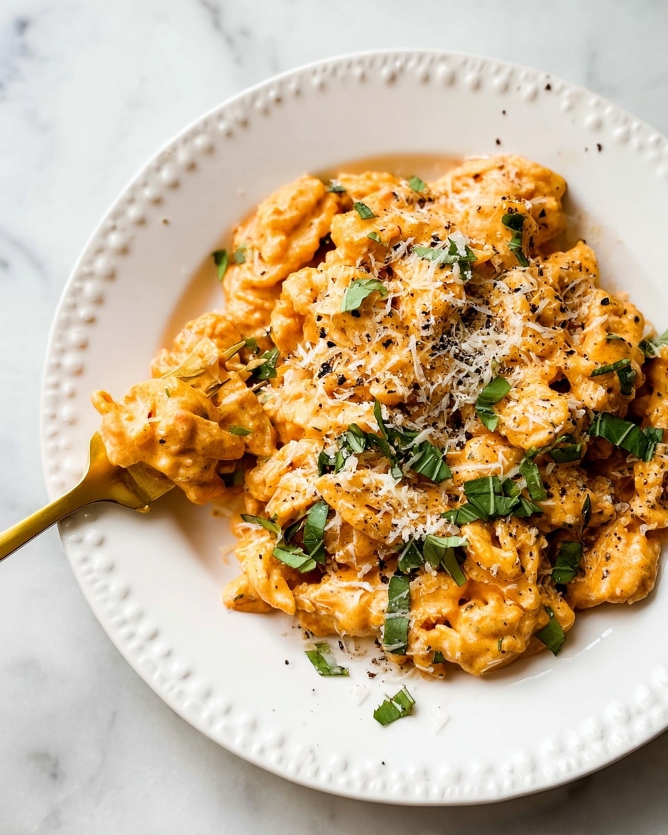 A close-up view of a white plate with small raised dots on the edge, filled with creamy orange-colored pasta mixed with visible small bits of green herbs, likely fresh basil, scattered on top. The pasta is covered with a light layer of grated white cheese, and some black pepper specks are visible. On the left side of the plate, a gold fork holds a small bite of the creamy pasta. The plate sits on a white marbled surface. photo taken with an iphone --ar 4:5 --v 7