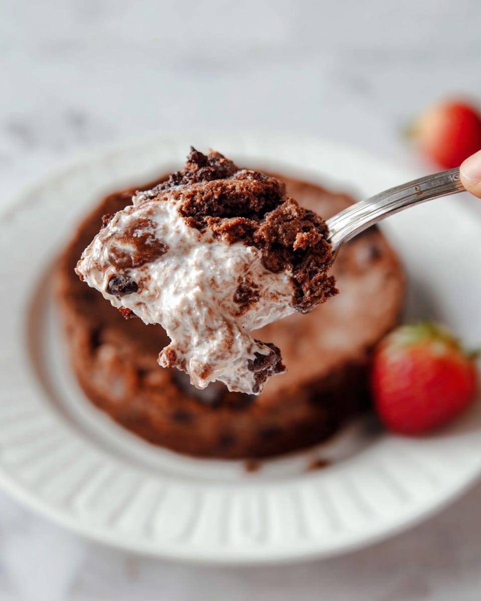 A close-up view of a spoon holding a soft, moist chocolate dessert with a melted chocolate layer and a white creamy layer mixed together on top. The dessert is thick and uneven in texture, showing chunks of chocolate within. Below the spoon, a round chocolate cake sits on a white plate with subtle embossed patterns along the edge. To the side on the white marbled surface, there are two red strawberries partially out of focus, adding a splash of color. A woman's hand gently holds the spoon in the foreground, emphasizing the rich, gooey texture of the dessert. Photo taken with an iphone --ar 4:5 --v 7