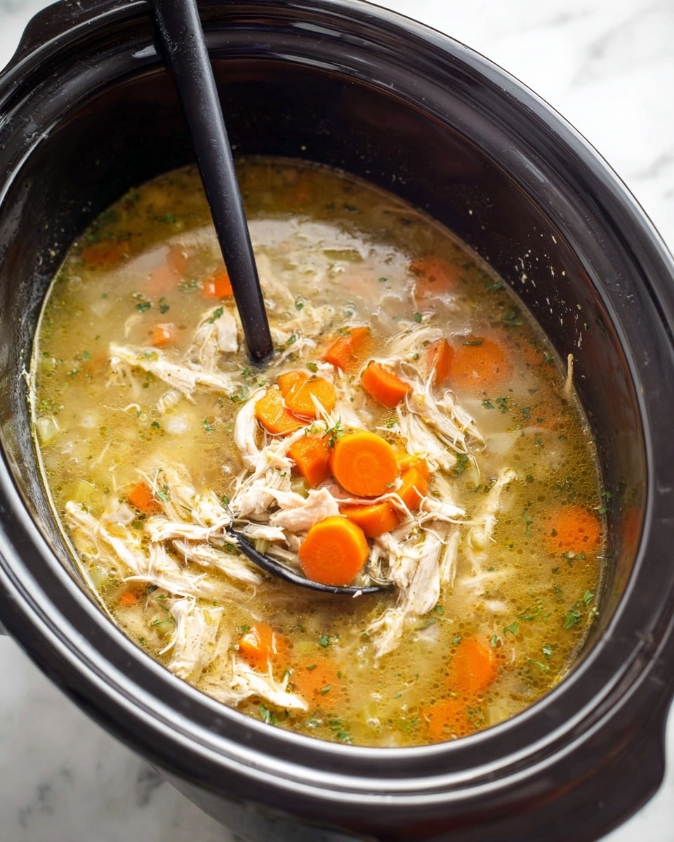 A close-up view of a black slow cooker filled with homemade chicken soup, showing two main layers: a light yellowish broth base with visible small bits of green herbs and diced celery floating throughout, and on top, shredded white chicken pieces mixed with thick round orange carrot slices that have a smooth texture, with a black ladle partially submerged, holding some chicken and carrots. The slow cooker is placed on a white marbled surface. photo taken with an iphone --ar 4:5 --v 7