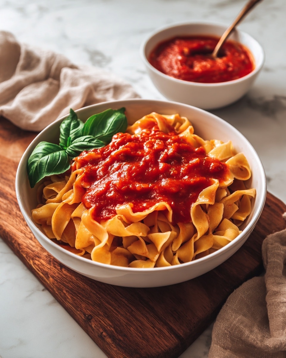 A white bowl filled with soft, flat pasta noodles coated in thick, bright red tomato sauce, sitting on a wooden board. The pasta is topped with a few large, fresh green basil leaves placed on one side. In the background, there is a smaller white bowl containing chunky red sauce, and the whole setting is on a white marbled surface with a beige cloth partially visible in the corner. The textures show the smooth sauce covering the pasta and the slight gloss on the noodles from the sauce. Photo taken with an iphone --ar 4:5 --v 7