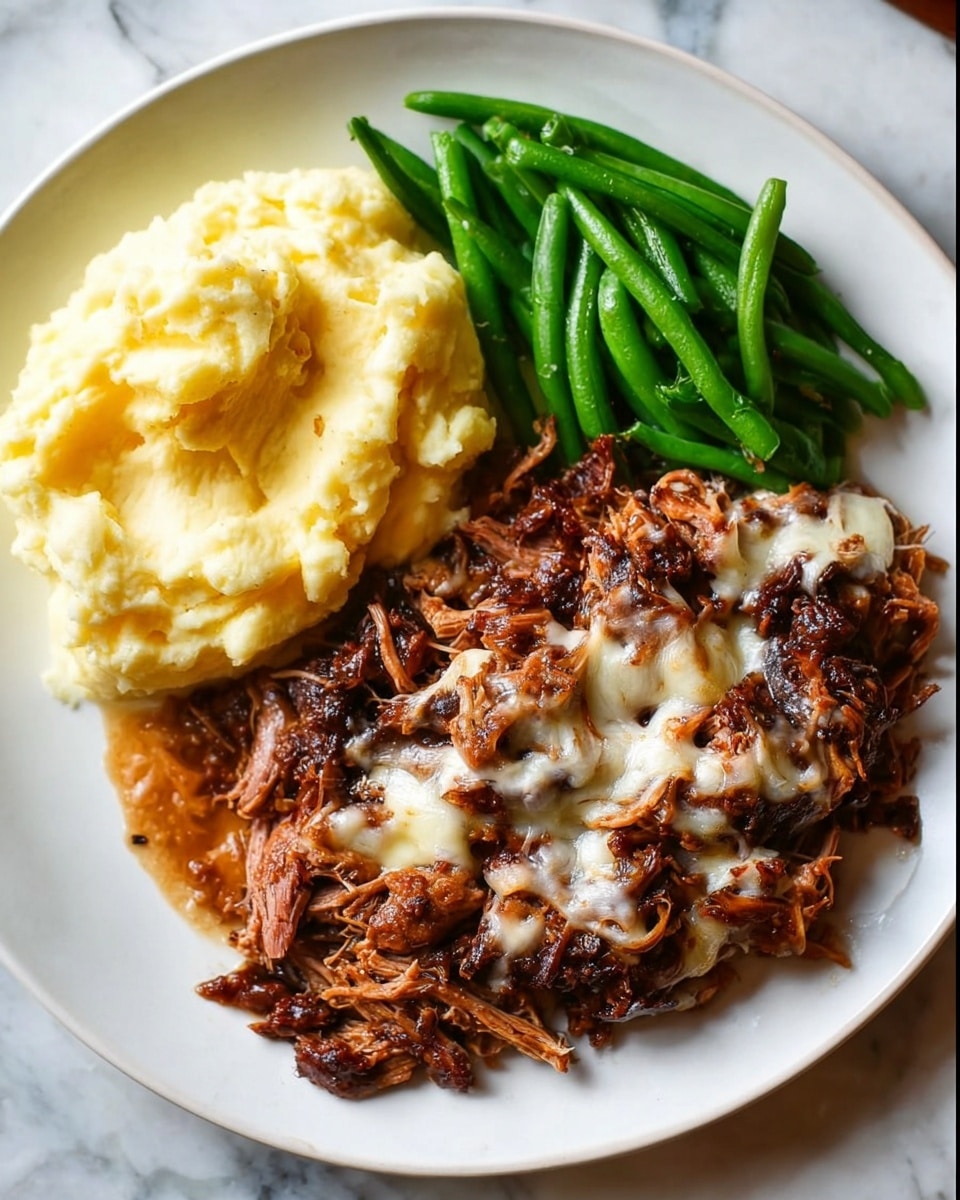 A white plate holds a meal with three parts: on the left side is a smooth, creamy mound of yellow mashed potatoes with a soft, buttery texture; at the top is a neat pile of bright green cooked green beans, looking fresh and crisp; the right side features a rich, brown shredded meat covered with melted white cheese, with the meat pieces showing a slightly crispy and tender texture mixed with a brown sauce underneath. The plate sits on a white marbled surface. photo taken with an iphone --ar 4:5 --v 7