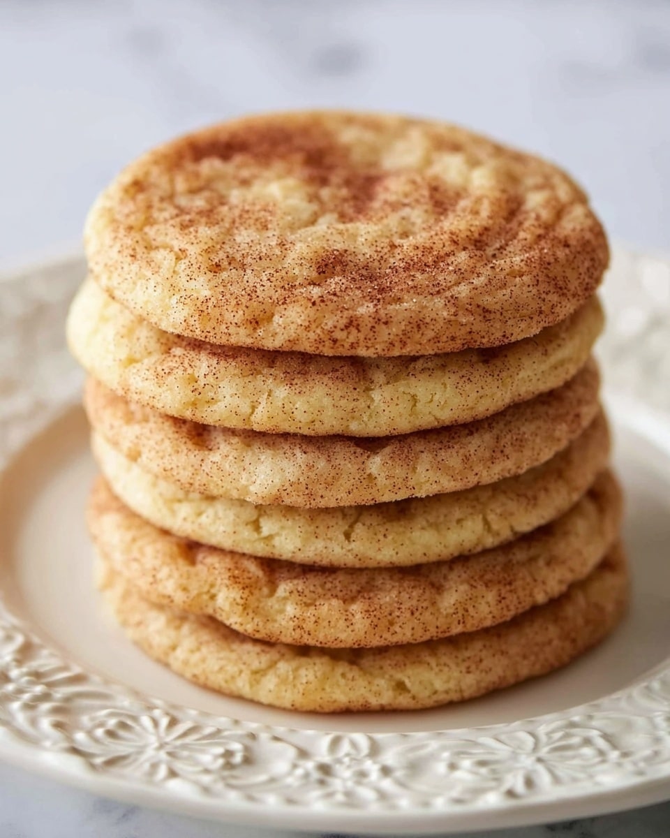 Seven round cookies with a light brown color and a soft, slightly wrinkled texture are arranged in a flower shape on a white scalloped plate. The cookies have a cinnamon sugar coating on top that adds a grainy texture and deeper brown spots. To the top left of the plate, there is a white bowl filled with a mix of cinnamon and sugar. The scene sits on a white marbled surface with a striped cloth on the bottom left and a textured metal baking sheet in the top right corner. photo taken with an iphone --ar 4:5 --v 7