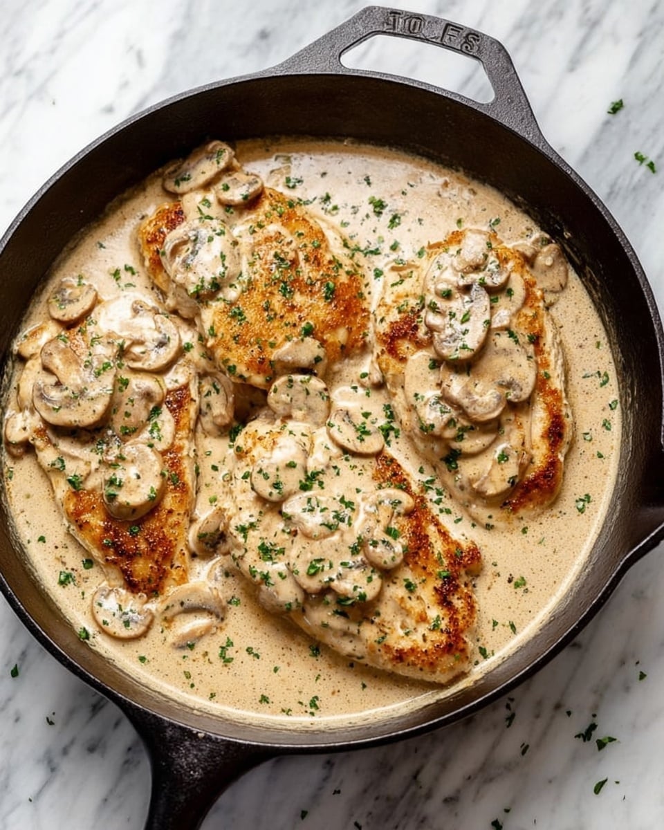 The image shows a black cast iron skillet filled with four pieces of cooked chicken breast covered in creamy mushroom sauce. The chicken is golden brown and slightly crispy, and the sauce is light beige with visible sautéed mushroom slices scattered on top. Small green herb sprinkles are evenly spread over the chicken and sauce, adding a touch of color. The skillet is placed on a white marbled surface, and some extra green herb bits are scattered around the skillet’s base. Photo taken with an iphone --ar 4:5 --v 7