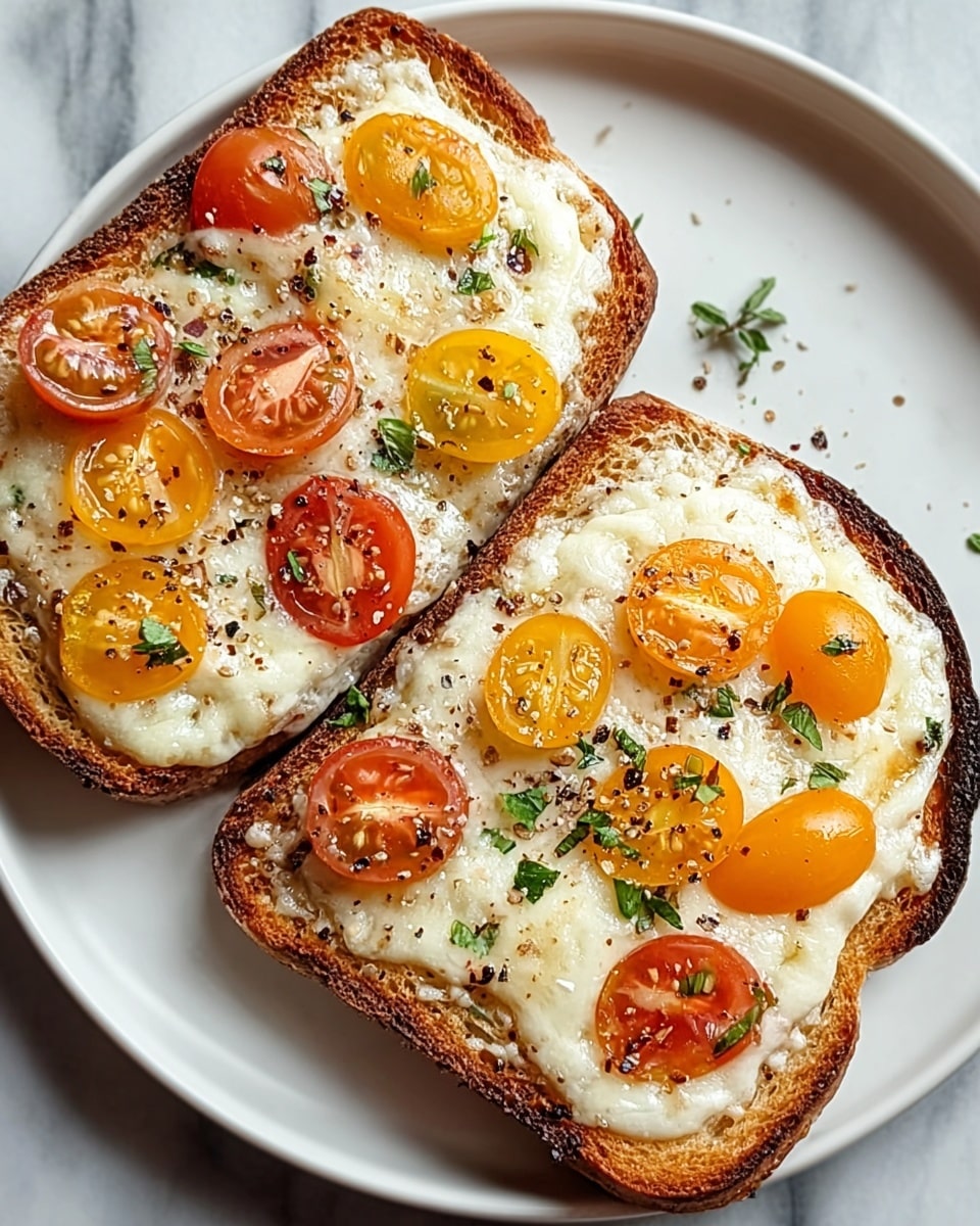 Two slices of toasted bread sit on a white plate with a white marbled surface underneath. Each slice is covered with a bubbly, melted white cheese layer that looks slightly browned in spots. On top of the cheese, there are halved small tomatoes in red and yellow, evenly spread across the bread. Small green herb pieces are scattered over the cheese and tomatoes, along with some black pepper flakes. The bread crust is golden brown and slightly crunchy, framing the creamy, colorful toppings. photo taken with an iphone --ar 4:5 --v 7