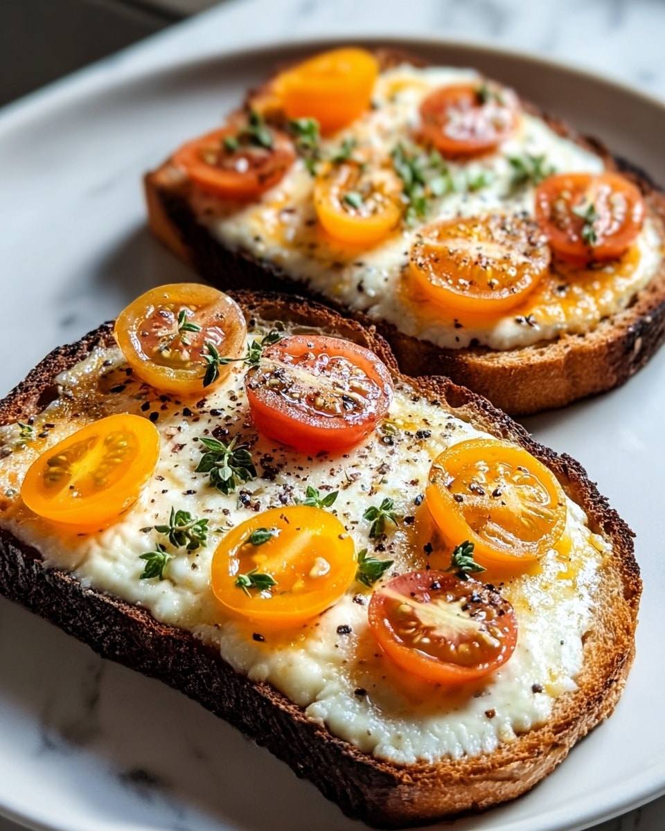 Two slices of toasted bread with dark brown edges rest on a white plate set on a white marbled surface. Each slice has a melted white cheese layer with a bubbly, slightly browned texture. On top, there are halved cherry tomatoes in red and yellow colors, scattered unevenly. Small green herb pieces and black cracked pepper are sprinkled over the cheese and tomatoes, adding texture and color contrast. The lighting is natural and soft, highlighting the freshness and warmth of the dish. photo taken with an iphone --ar 4:5 --v 7