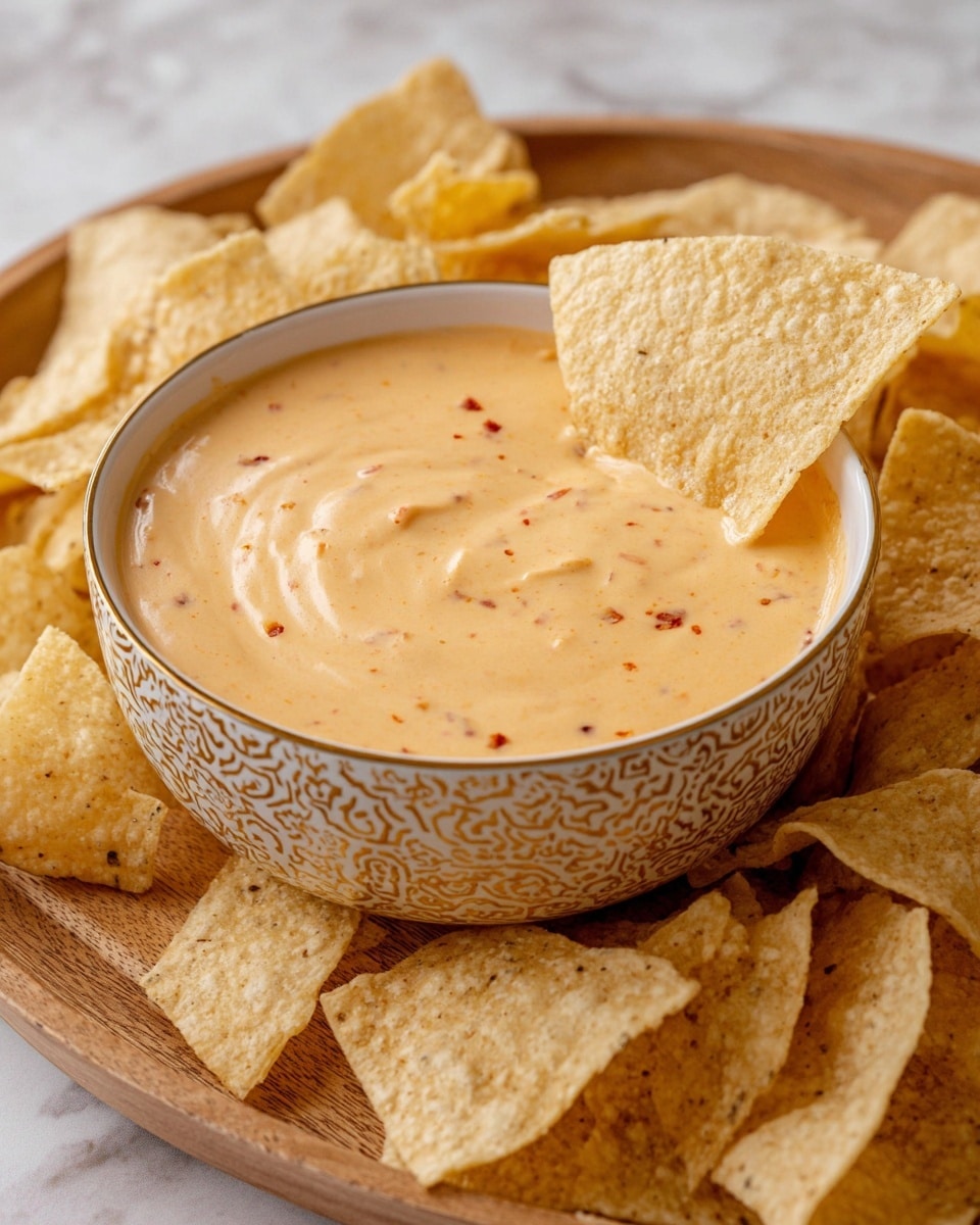 A bowl with a white base and gold patterns holds smooth, creamy light orange cheese dip with small red and black specks, slightly swirled on top. One triangular, light beige tortilla chip is dipped in the sauce, resting on the side of the bowl. The bowl is placed on a wooden tray surrounded by many more slightly rough-textured tortilla chips in light beige color forming a loose pile. The photo is captured up close showing the crunchy chip details and creamy dip texture on a white marbled surface. photo taken with an iphone --ar 4:5 --v 7