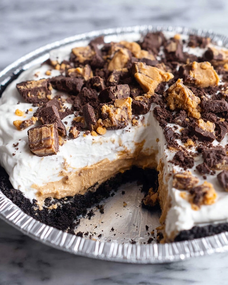 The dish is a pie with three visible layers in a round aluminum foil pan: the bottom layer is a dark, crumbly chocolate crust, the middle layer is thick, light brown and creamy, resembling a peanut butter filling, and the top layer is white and fluffy whipped cream. Scattered on top are large, chunky pieces of crushed candy bars and cookie bits in shades of dark brown and light tan. The pie has one slice removed, revealing the layers clearly, and it sits on a surface with a white marbled texture. photo taken with an iphone --ar 4:5 --v 7