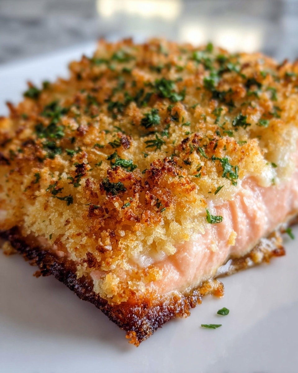 A close-up shot of a thick piece of salmon on a white plate, showing two main layers: the bottom layer is light pink cooked salmon with a smooth, slightly flaky texture, and the top layer is a golden-brown crispy crust made of toasted breadcrumbs and herbs, with green parsley flakes sprinkled evenly across the crust. The edges of the crust are darker and crunchy looking, creating a contrast with the soft salmon beneath. The image is set on a white marbled surface blurred softly in the background. Photo taken with an iphone --ar 4:5 --v 7