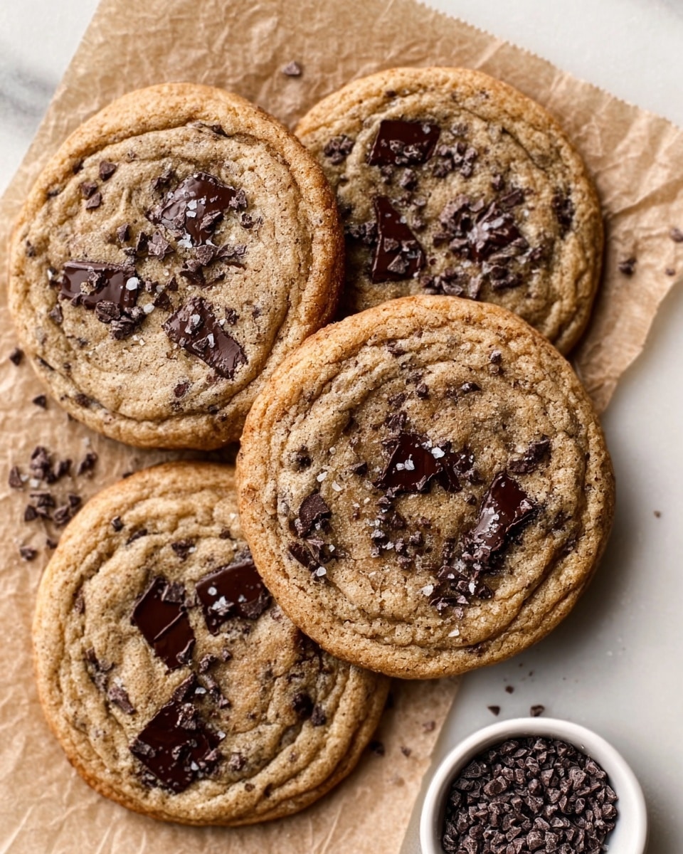 The image shows four soft chocolate chip cookies on a beige parchment paper placed on a white marbled surface. Each cookie has a slightly rough texture with visible large melted dark chocolate chunks and small chocolate chips spread on top and inside. The cookies have a light golden-brown color with a slightly crisp edge and a chewy center. Near the cookies is a small white bowl filled with tiny dark chocolate chips. The photo captures a close-up view from above, highlighting the rich, gooey chocolate and the soft, crumbly texture of the cookies. Photo taken with an iphone --ar 4:5 --v 7