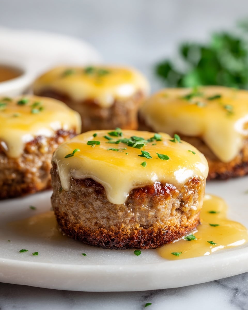 The image shows a close-up of a small, round meat patty with a golden-brown crust as the base layer, topped with a layer of melted light yellow cheese that has some golden spots, and finished with small green chopped herbs sprinkled on top. There are five more similar patties out of focus in the background. The patties are placed on a white plate, sitting on a white marbled surface, with some sauce around the base and a blurred green leafy background. photo taken with an iphone --ar 4:5 --v 7
