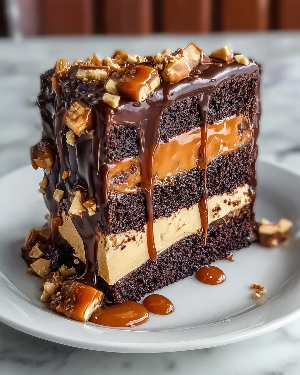 The image shows a thick slice of three-layer chocolate cake on a white plate, sitting on a white marbled surface. The bottom layer is dark chocolate cake, topped by a pale caramel-colored layer with a smooth texture, followed by another dark chocolate cake layer above it. The whole cake is covered with dark chocolate glaze running down the sides. On top, there is a layer of caramel with a shiny finish, sprinkled with small chunk pieces of caramel candy or nuts. Some of the chocolate glaze drips down the side of the cake, creating an indulgent look. Photo taken with an iphone --ar 4:5 --v 7