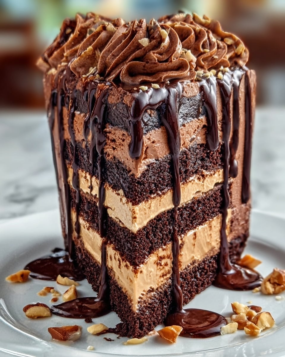 The image shows a tall slice of chocolate cake with five thick layers, alternating between dark chocolate sponge and smooth light brown chocolate mousse. On top, there is a swirl of darker chocolate frosting shaped in a decorative pattern. Thick, glossy chocolate sauce drips down the sides and pools on the white plate below. The plate is set on a white marbled surface, and a few chopped nuts are scattered around the base of the cake. The photo was taken with an iphone --ar 4:5 --v 7