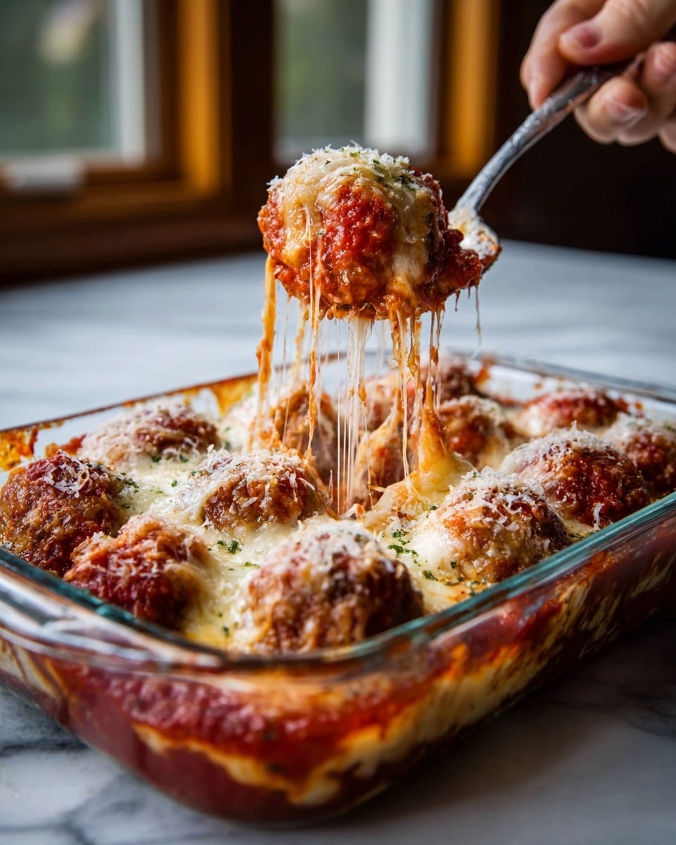 A glass baking dish filled with several large golden-brown meatballs covered in thick melted cheese that stretches up as a spoon lifts one meatball out, with red tomato sauce visible beneath the cheese and around the meatballs, creating a rich, gooey texture; the dish sits on a white marbled surface, and a woman's hand holds the spoon. photo taken with an iphone --ar 4:5 --v 7