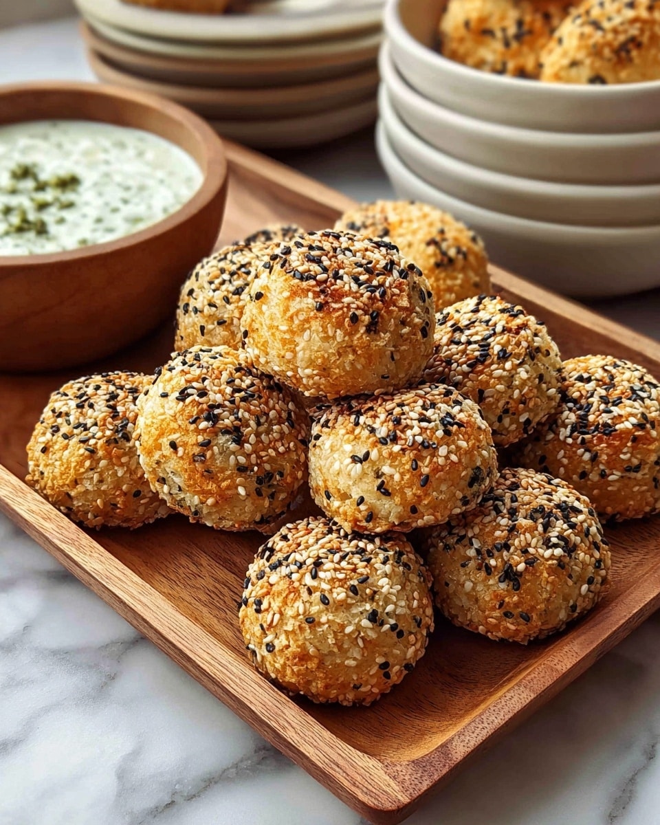 A wooden tray holds a pile of round, golden-brown snacks covered evenly with black and white sesame seeds, giving a crunchy texture to their slightly rough surface. Each snack is small, dome-shaped, and appears to have a soft inside with a crispy outer layer. Behind the tray, there are stacked white bowls filled with a creamy white dip that has green herb pieces mixed in, and a wooden bowl with more of the same dip is also visible. The whole scene is set on a table with a white marbled texture beneath. photo taken with an iphone --ar 4:5 --v 7