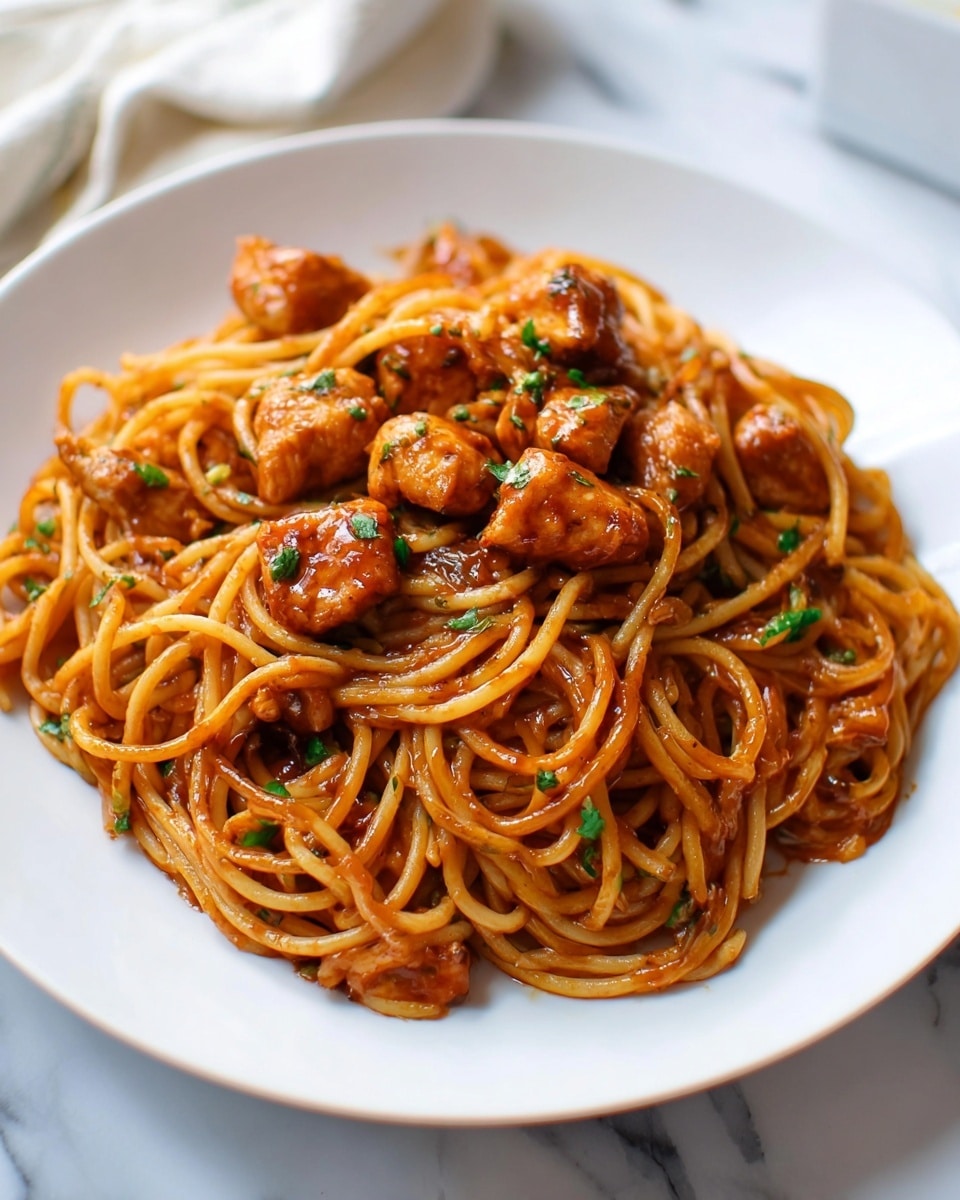 A white plate holds a generous serving of spaghetti mixed with medium-sized chunks of chicken. The noodles are coated in a glossy, reddish-brown sauce that looks thick and savory. Scattered throughout the dish are small bits of green herbs, adding a pop of fresh color. The chicken pieces have a golden-brown exterior with a slightly bumpy texture, nestled among the long, twisted strands of pasta. The background shows a soft white marbled surface with a light-colored cloth nearby. photo taken with an iphone --ar 4:5 --v 7