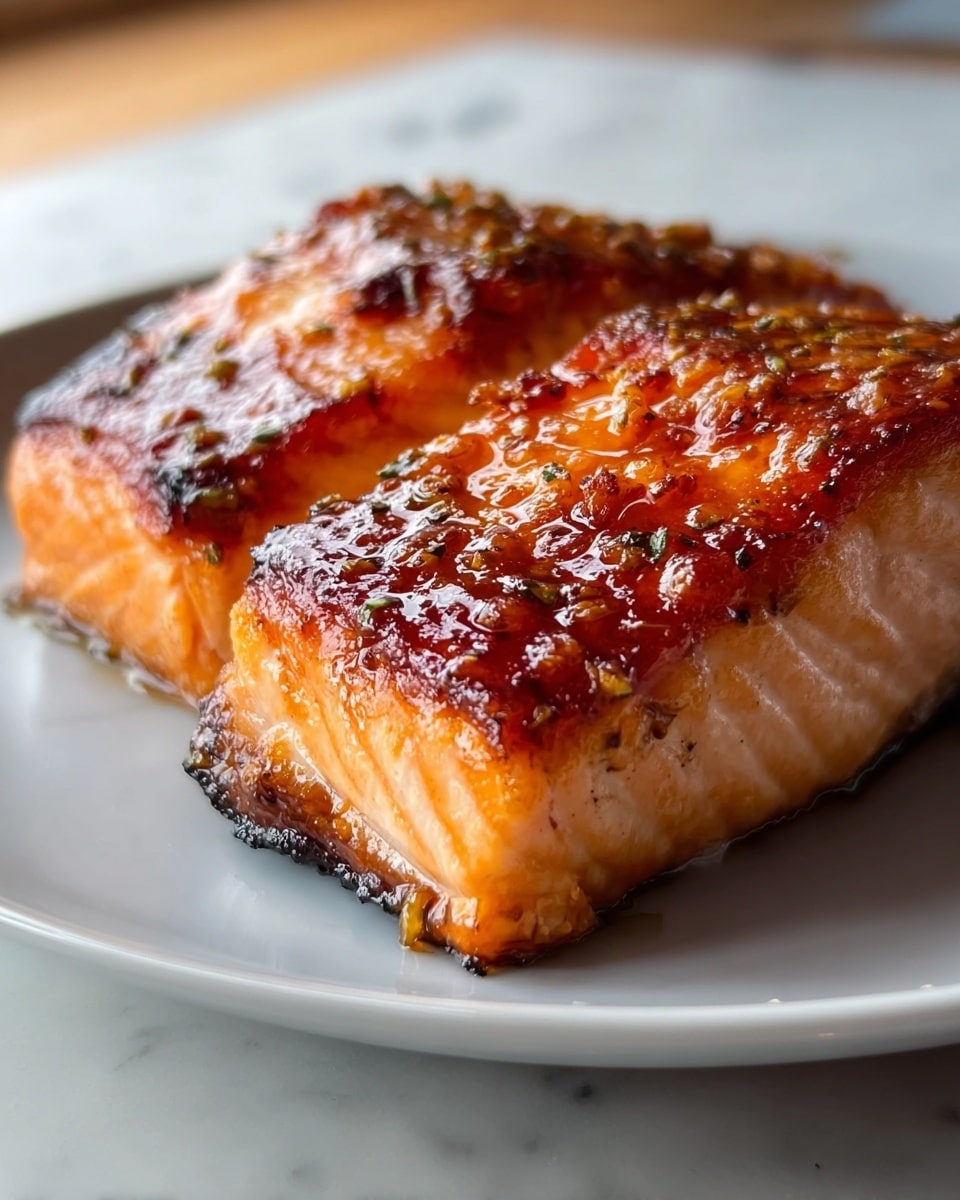 A close-up of two thick pieces of cooked salmon placed side by side on a white plate set on a white marbled surface. Each fillet has three visible layers: the bottom layer is a pale pink cooked flesh with a soft, flaky texture; the middle layer is a slightly darker pink with a firmer texture; the top layer is a glossy, deep reddish-brown caramelized coating with bits of herbs and spices sprinkled over it. The salmon has a shiny, moist look with a charred edge on one side, capturing warm natural light that highlights the juicy and tender nature of the fish. photo taken with an iphone --ar 4:5 --v 7