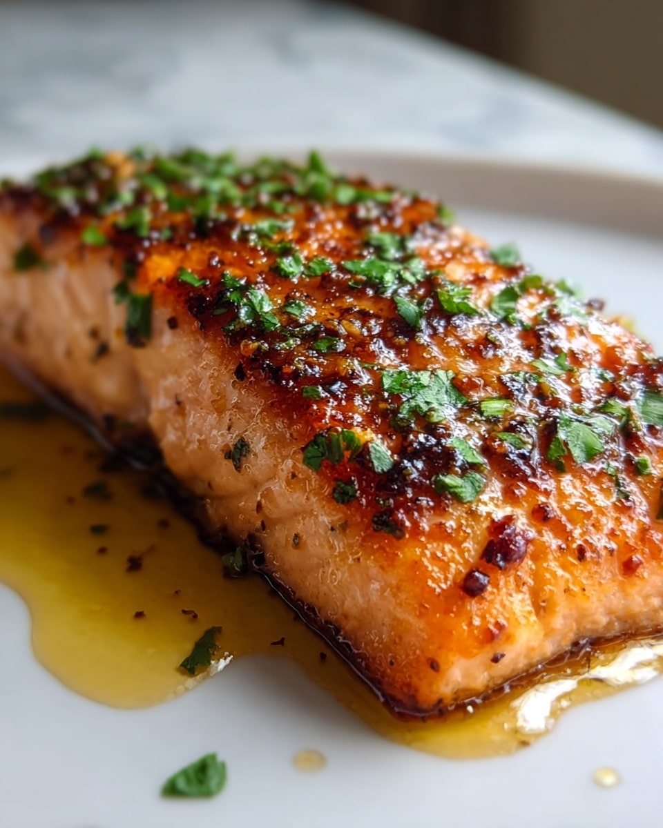 A close-up image of a piece of cooked salmon on a white plate, showing one main layer of pinkish-orange fish with a crispy, dark brown crust on top sprinkled with green herbs, sitting on a white marbled surface. There is a small shiny pool of oil or sauce on the plate near the salmon, and the texture of the fish looks moist and flaky. Photo taken with an iphone --ar 4:5 --v 7