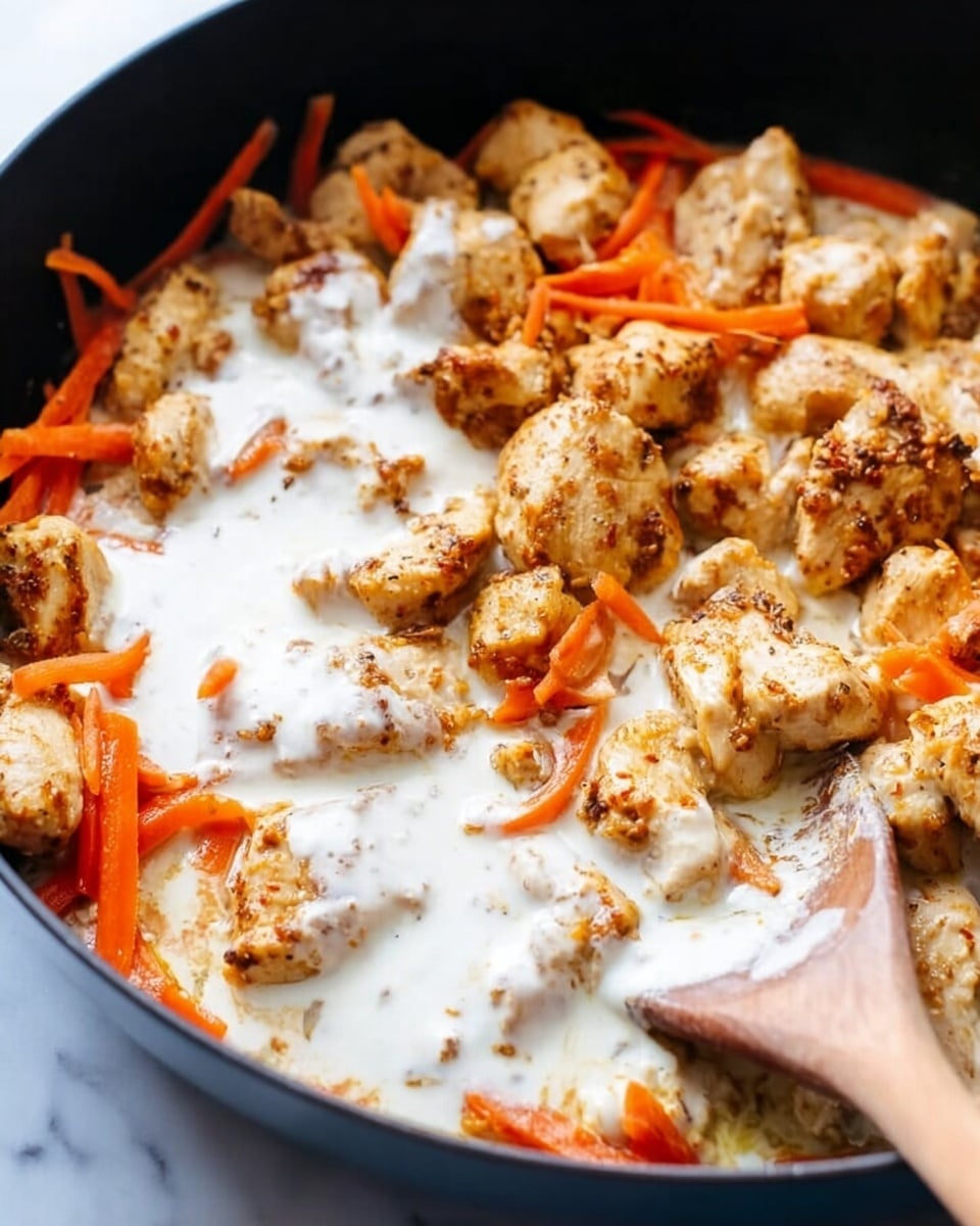 The image shows a close-up of a dish in a black pan with pieces of cooked chicken and carrot strips. The chicken pieces are golden brown and have a slightly crispy texture with some seasoning visible on them. The carrot strips are bright orange and placed around the chicken. On top of everything is a thick white sauce or cream spread unevenly, covering most of the chicken but allowing some pieces and carrots to peek through. A wooden spoon is resting on the edge of the pan, partially immersed in the sauce. The background is a white marbled surface. photo taken with an iphone --ar 4:5 --v 7