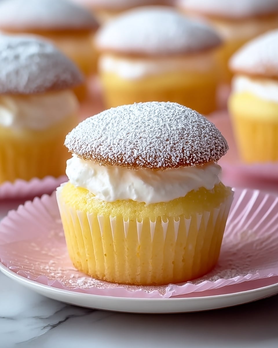 A close-up image of a soft yellow cake cupcake with a thick middle layer filled with white creamy frosting. The top of the cupcake is rounded and dusted with fine white powdered sugar, giving a light, snowy texture. The cupcake liner is light yellow, matching the cake's color. Behind it, several similar cupcakes are blurred but visible, all showing the same powdered sugar topping. The cupcakes sit on pink paper on a white plate, with a white marbled texture surface underneath. photo taken with an iphone --ar 4:5 --v 7