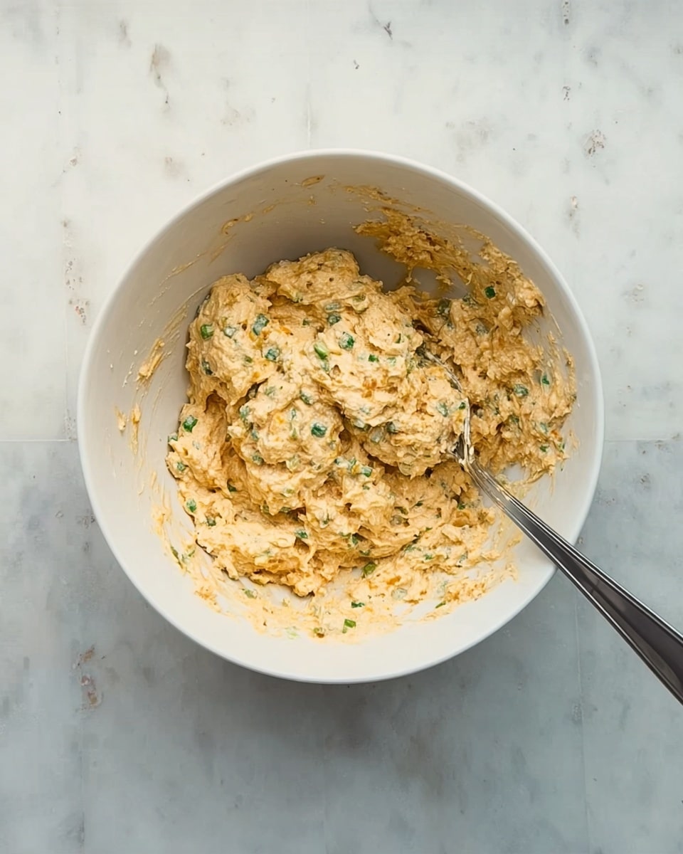A white bowl filled with a creamy, textured mixture that has visible small green pieces mixed throughout, giving it a speckled appearance. The mixture is light orange-beige in color with a somewhat chunky texture. A metal spoon rests inside the bowl, partially submerged in the mixture, positioned on the right side. The bowl sits on a white marbled surface with subtle gray veining. photo taken with an iphone --ar 4:5 --v 7