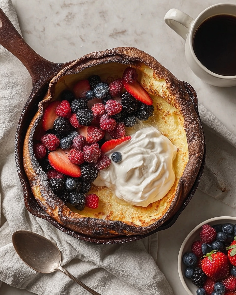 A brown cast iron skillet holds a golden-brown Dutch baby pancake with raised, crispy edges. One half of the pancake is covered with a nest of fresh mixed berries including red raspberries, black blackberries, blue blueberries, and sliced red strawberries. The other half has a thick, creamy swirl of white whipped cream or yogurt. The skillet sits on a white marbled textured surface with a light gray cloth underneath. Nearby are a white cup filled with black coffee, a silver spoon, and a small white bowl of extra mixed berries. The overall scene is warm and inviting with natural light. photo taken with an iphone --ar 4:5 --v 7