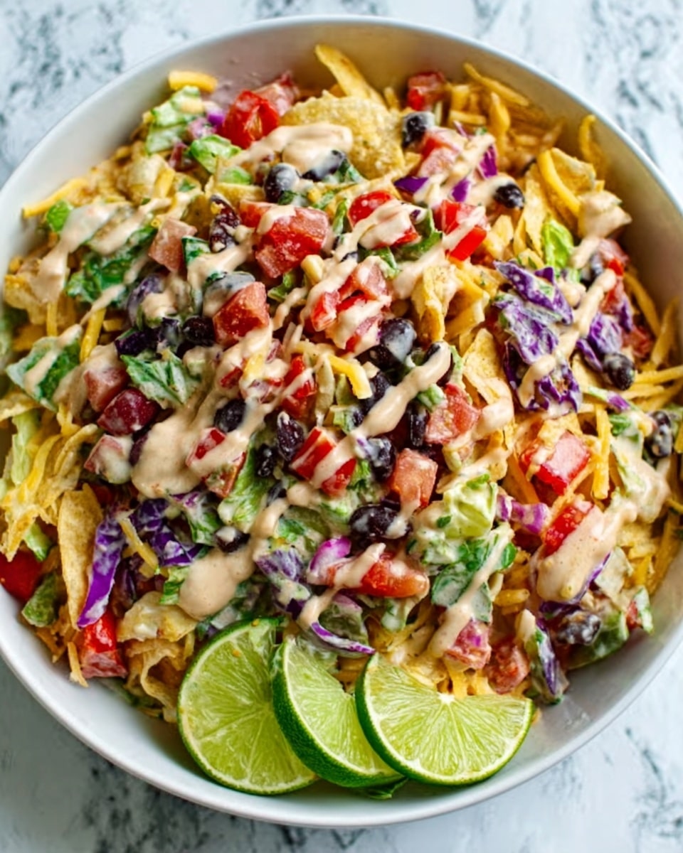 The image shows a close-up of a white bowl filled with a colorful, mixed dish. The base layer includes shredded yellow cheese and chopped lettuce, topped with a mix of diced red tomatoes, purple cabbage, beans, and small pieces of tortilla chips. There are creamy dressing drizzles on top with a light beige color. Lime wedges are placed on the edge of the bowl, adding a fresh green contrast. The bowl rests on a white marbled surface. The scene looks bright and fresh, with all elements mixed but still visible. Photo taken with an iphone --ar 4:5 --v 7