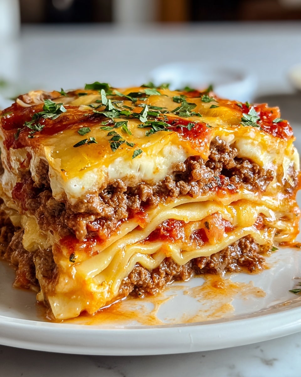 A close-up of a slice of lasagna on a white plate with a white marbled surface underneath. The lasagna has four layers visible: the top layer is golden melted cheese with bright red tomato sauce and sprinkled green herbs scattered on top. Below that is a thick layer of cooked ground meat with a slightly juicy texture. The next layer is smooth, pale yellow pasta sheets, followed by another layer of meat mixed with tomato sauce, all held together with pasta layers. The edges look cheesy and slightly browned with some sauce dripping on the plate. Photo taken with an iphone --ar 4:5 --v 7