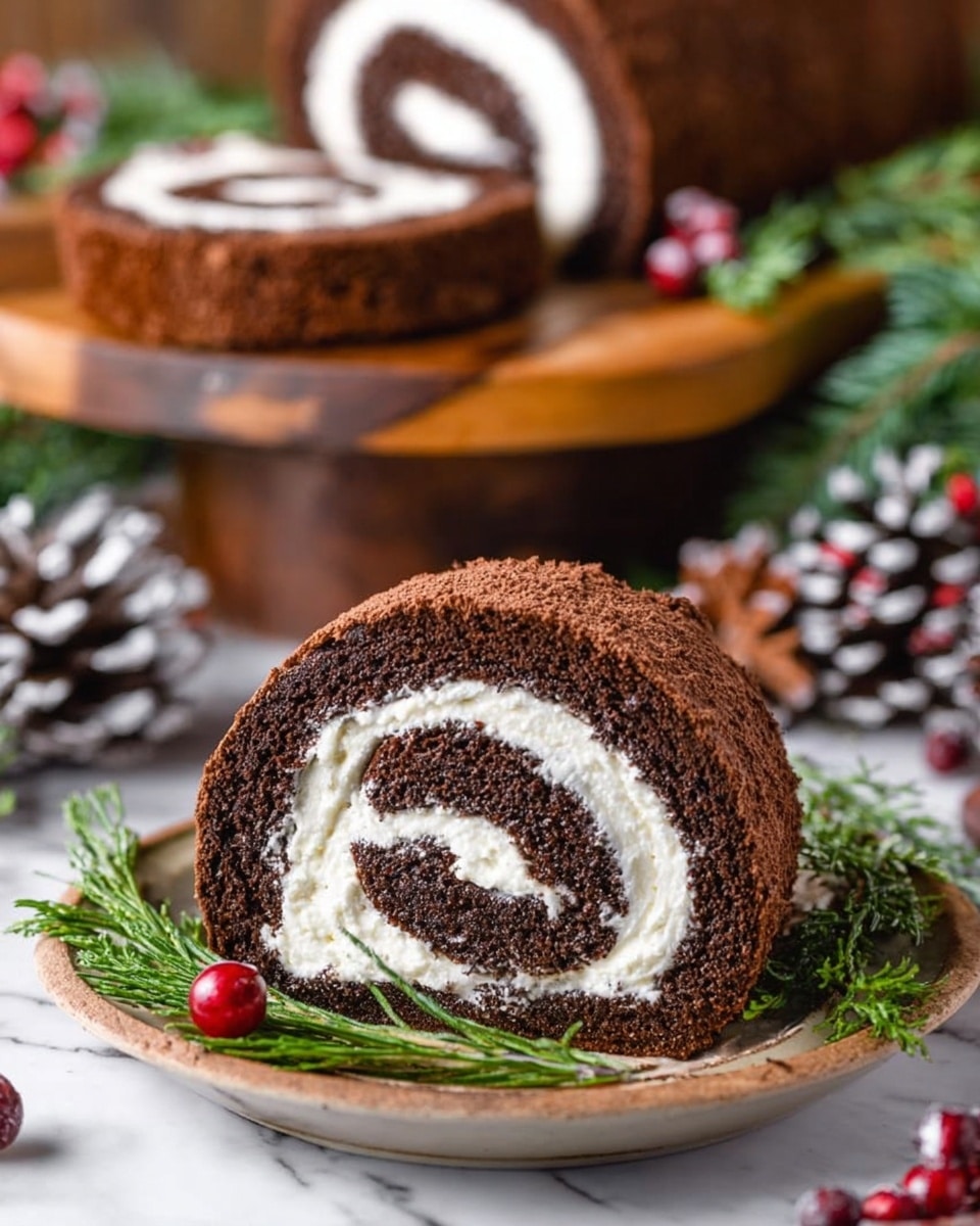 A chocolate Yule log cake with two layers: a dark chocolate sponge rolled with bright white cream in a swirl pattern. Outside, it is covered in thick brown chocolate frosting, textured with lines to look like bark. It rests on a smooth wooden board decorated with green pine sprigs, red and white powdered sugar-covered berries, and small pine cones around it. The background has a white marbled texture. Photo taken with an iphone --ar 4:5 --v 7