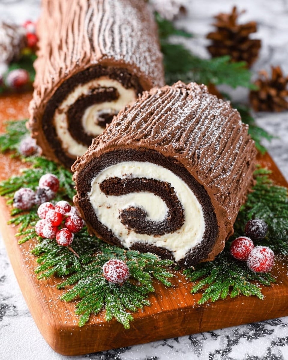 A close-up of a slice of chocolate roll cake with two visible layers: a dark brown chocolate sponge cake outer layer rolling around a thick, white creamy filling, forming a spiral pattern. The cake slice is on a white plate with a rustic wooden look, accompanied by a sprig of green rosemary and red cranberries nearby. In the background, more slices of the same cake are on a wooden stand, surrounded by pine cones, green fir branches, red berries, and some frosted cranberries, creating a festive look. The surface is a white marbled texture. Photo taken with an iphone --ar 4:5 --v 7