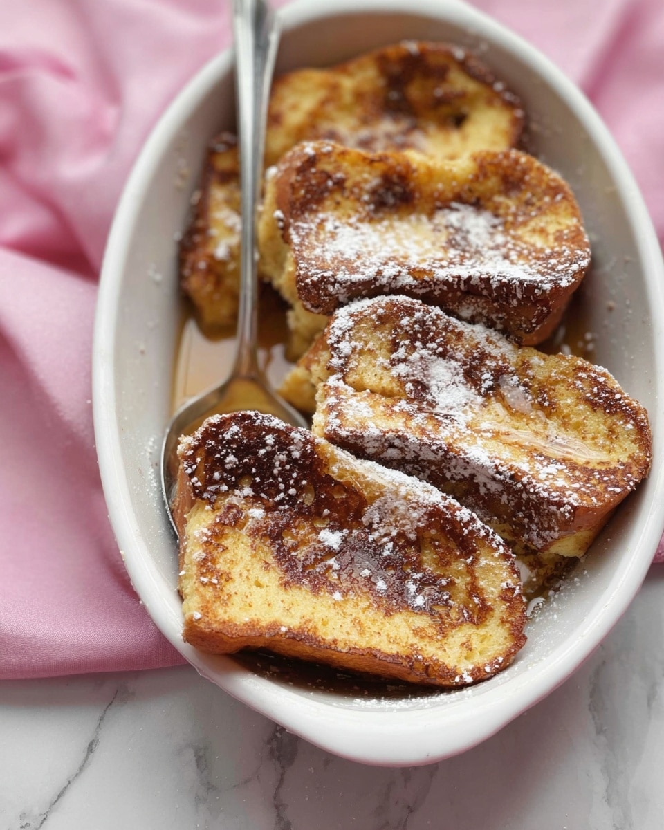 The image shows several pieces of French toast arranged closely in a white oval baking dish. Each piece has a golden-brown top layer with a slightly crispy texture, speckled with darker spots where the toast has caramelized, and is sprinkled lightly with white powdered sugar. The sides of the toast are soft and slightly yellowish, indicating a fluffy inside. A silver serving spoon is placed upright in the dish, behind the toast. The dish is set on a white marbled surface with a soft pink cloth partially underneath. photo taken with an iphone --ar 4:5 --v 7