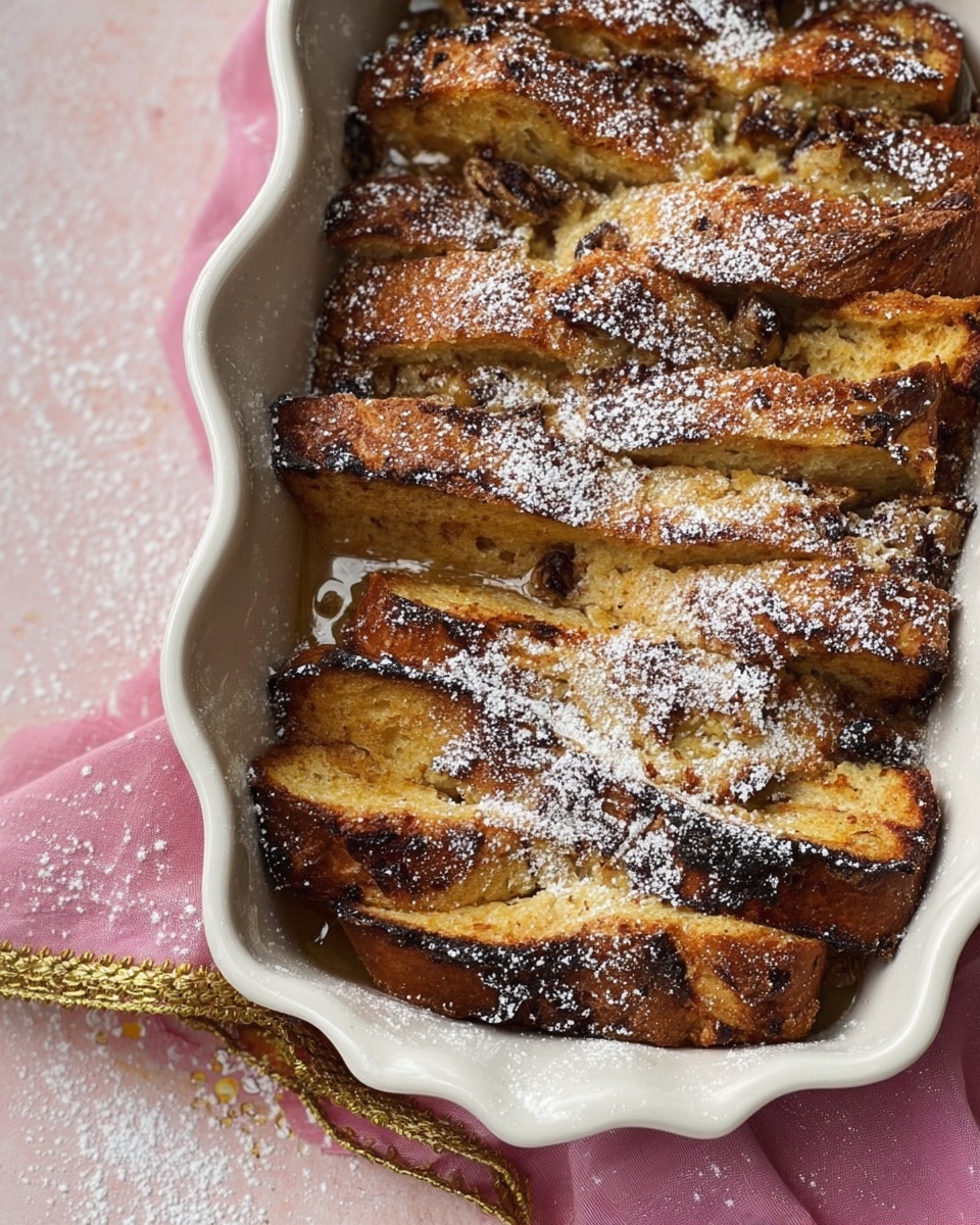 The dish shows a close-up of baked bread pudding in a white ceramic baking dish with wavy edges. The bread slices, about three to four layers, are arranged upright side by side, showing golden-brown crusts with darker charred spots and light soft centers, sprinkled generously with white powdered sugar. The texture looks crispy on the edges and soft inside, with some visible bits of raisins or nuts embedded within. The baking dish sits on a pale pink surface with a light dusting of powdered sugar nearby, and a pink cloth with gold trim is partially visible under the dish. photo taken with an iphone --ar 4:5 --v 7