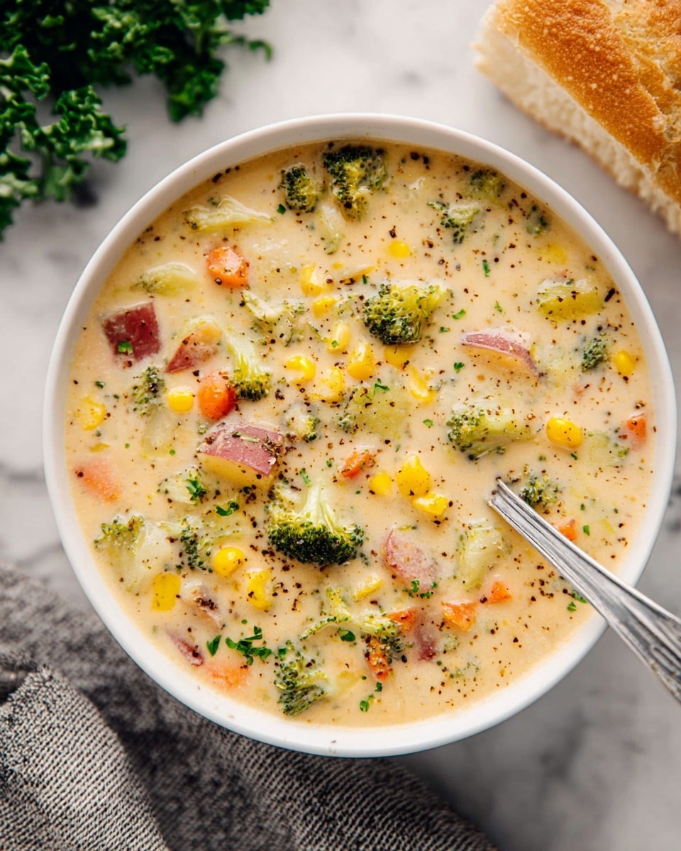 A white bowl filled with thick creamy soup showing many small colorful pieces like green broccoli, yellow corn, red potatoes, and orange carrots scattered throughout the light beige liquid base, with visible black pepper specks on top, and a silver spoon resting inside on the right side. The bowl sits on a white marbled surface with some green leafy garnish on the top left and a piece of bread on the top right. A textured gray cloth is softly placed at the bottom left. photo taken with an iphone --ar 4:5 --v 7