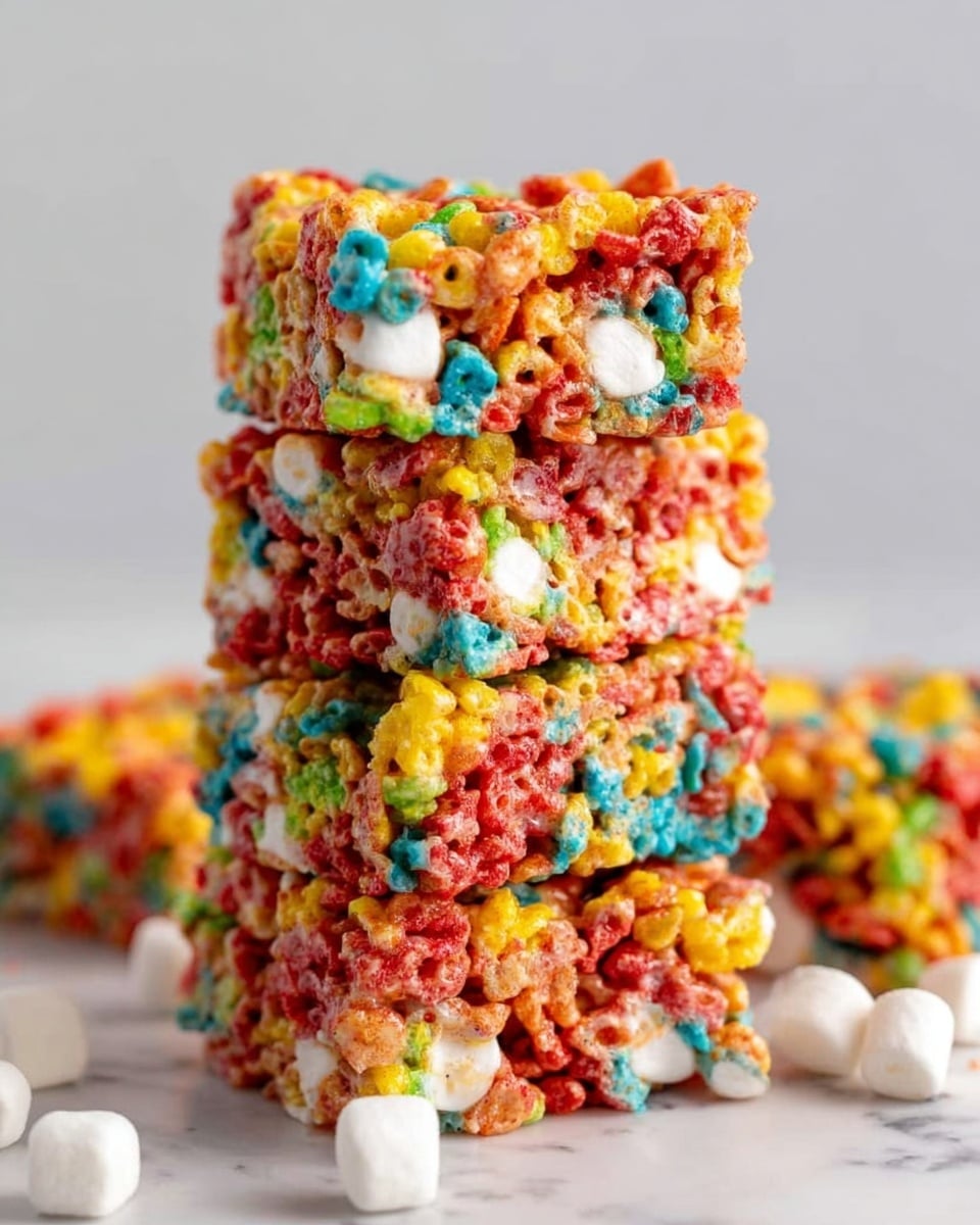 A stack of four colorful fruity cereal treats is shown on a white marbled surface, each square-shaped layer packed tightly with bright red, yellow, green, blue, and orange cereal pieces mixed with small white marshmallows. The texture appears sticky and glossy as the treats cling together, with some cereal and marshmallows scattered around the base. The focus is on the vibrant colors and rough, chunky texture of the cereal treats against a plain white background. Photo taken with an iphone --ar 4:5 --v 7