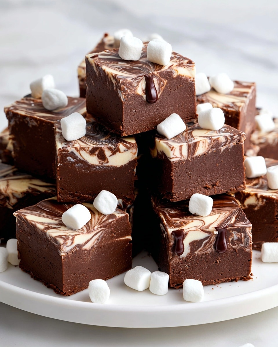 A white plate holds a tall stack of chocolate fudge squares, each with two layers: a dense, smooth dark brown chocolate fudge base and a swirled top layer of dark brown and creamy white, creating a marble effect. Small white marshmallows are scattered around and on top of the fudge pieces, adding texture contrast. The fudge squares have sharp edges, and some have glossy chocolate drips on the sides. The background is a white marbled texture. photo taken with an iphone --ar 4:5 --v 7