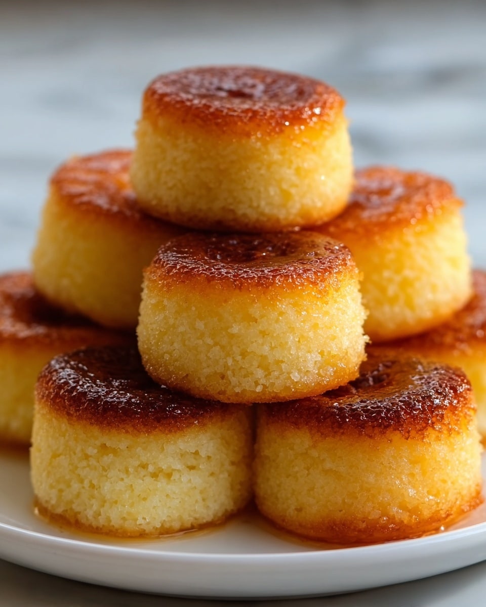 The image shows a close-up of six small, round cakes stacked in a pyramid shape on a white plate. Each cake has a golden brown top with a slightly shiny, caramelized texture. The sides of the cakes are light yellow with a soft, crumbly texture. The cakes look moist and fluffy. The background is a white marbled surface blurred softly behind the plate. photo taken with an iphone --ar 4:5 --v 7