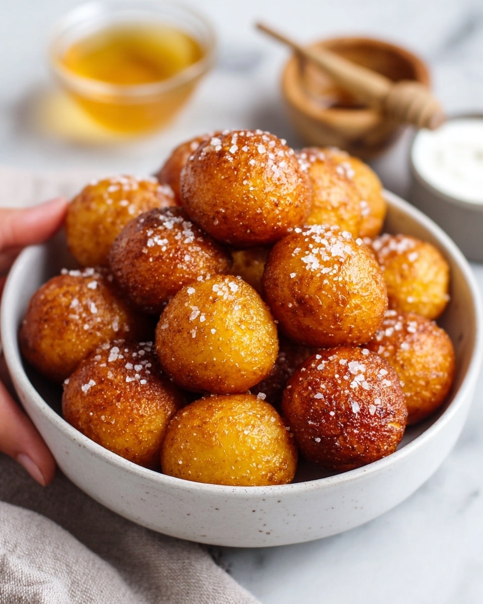 The image shows a white bowl filled with about fifteen golden-brown, round balls that look crispy on the outside. Each ball is sprinkled with coarse white salt, adding texture to their shiny, slightly oily surface. The balls are piled high, forming a dome shape inside the bowl. On the left side, a woman's hand gently holds the bowl, with a blurry bowl of honey and a small container of white sauce visible in the soft-focus background. The whole scene is set on a white marbled surface. photo taken with an iphone --ar 4:5 --v 7