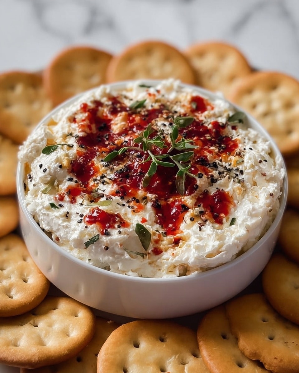 A white bowl filled with a creamy white cheese spread topped with red sauce spots, small green herb leaves, and black pepper flakes, giving it a textured and colorful look. The bowl is surrounded by golden round crackers that have small holes in the center. The whole scene sits on a white marbled textured surface. photo taken with an iphone --ar 4:5 --v 7