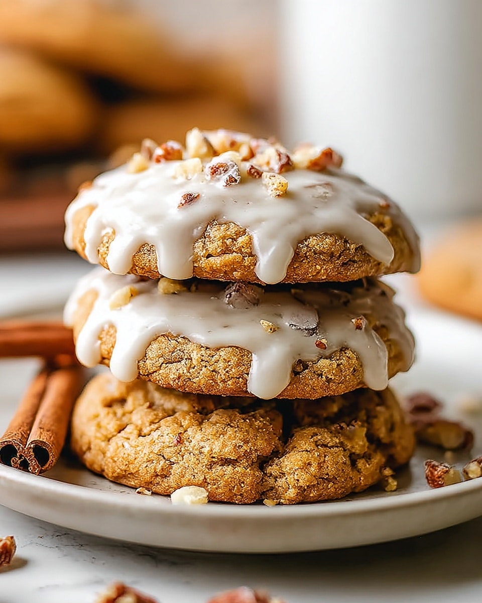 A stack of three thick, golden brown cookies sits on a white plate with a smooth rim. The top cookie is coated with a creamy white glaze that drips slightly down its edges and is sprinkled with small, roasted nuts. The middle cookie beneath it shows a textured, slightly cracked surface with a soft chewy look. The bottom cookie rests fully on the plate, with a few scattered nuts and a cinnamon stick beside the stack, all on a white marbled surface. photo taken with an iphone --ar 4:5 --v 7