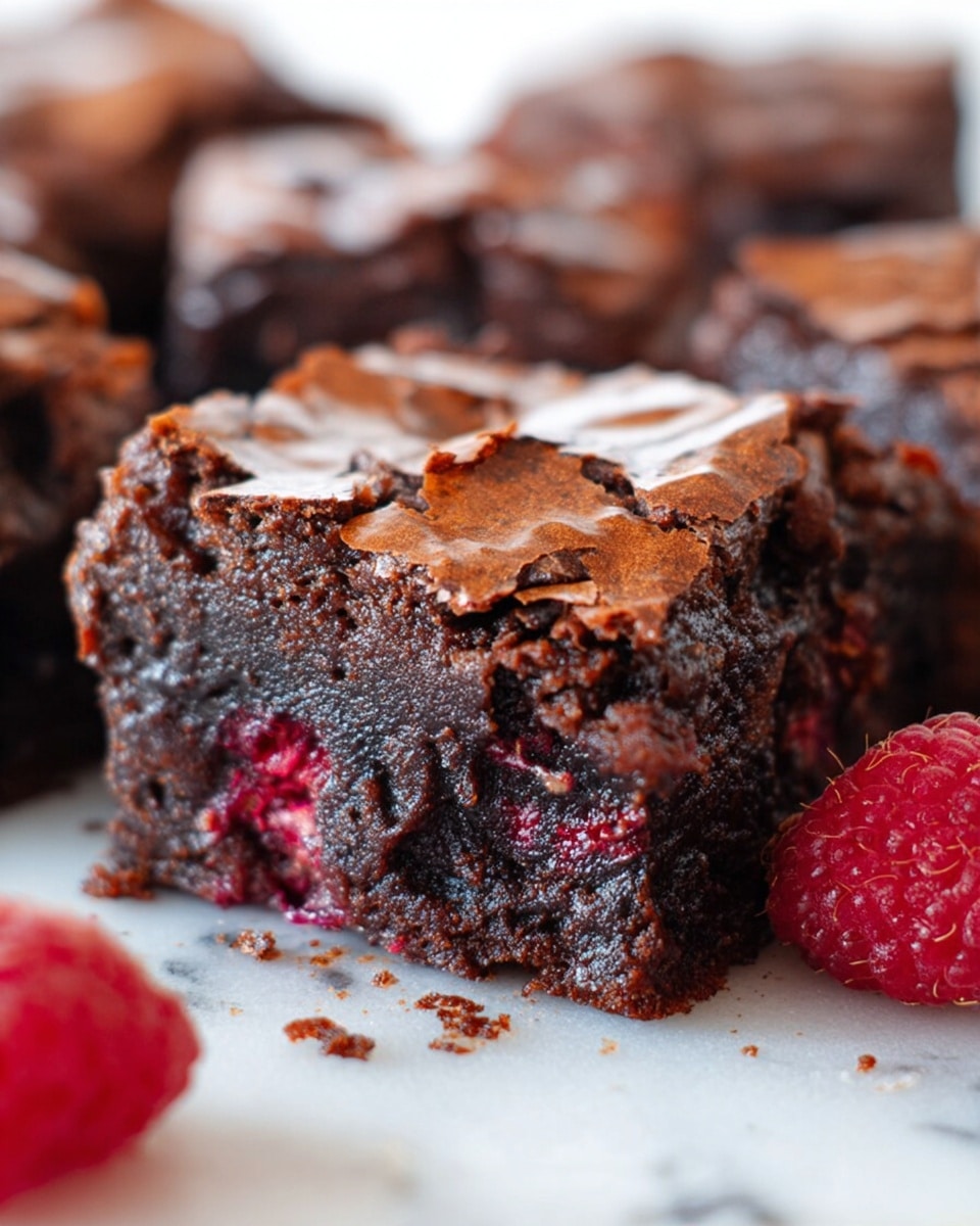 A close-up of a thick, square chocolate brownie with a cracked, shiny dark brown top layer that looks slightly crisp. Below the top, there is a dense, moist, and fudgy dark brown interior with some visible red raspberry bits scattered inside, adding a pop of color and texture. The brownie rests on a white marbled surface with crumbs around it. A fresh red raspberry is placed near the bottom right corner of the brownie. In the background, there are other blurred brownie squares with a similar texture and color. photo taken with an iphone --ar 4:5 --v 7