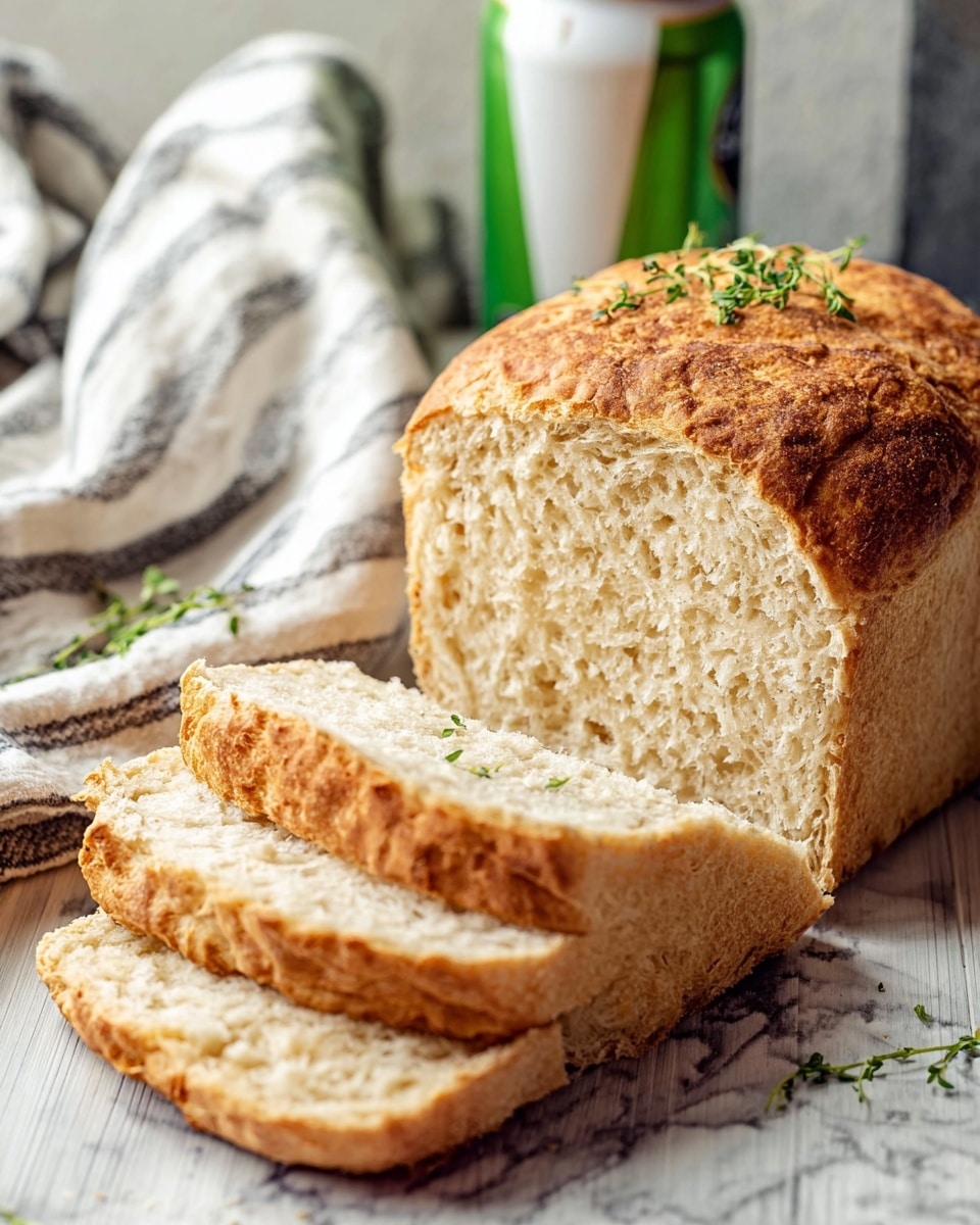 A loaf of bread is shown with three slices cut from it, placed one in front of the other. The bread has a golden-brown crust that is rough and slightly uneven, with a light beige, soft, and porous inside texture. A small green herb sprig lies on top of the loaf and a few more are scattered around it. Behind the bread, there is a white and gray striped cloth and a blurry green and white can in the background. The bread is resting on a light gray wooden surface with a white marbled texture. photo taken with an iphone --ar 4:5 --v 7