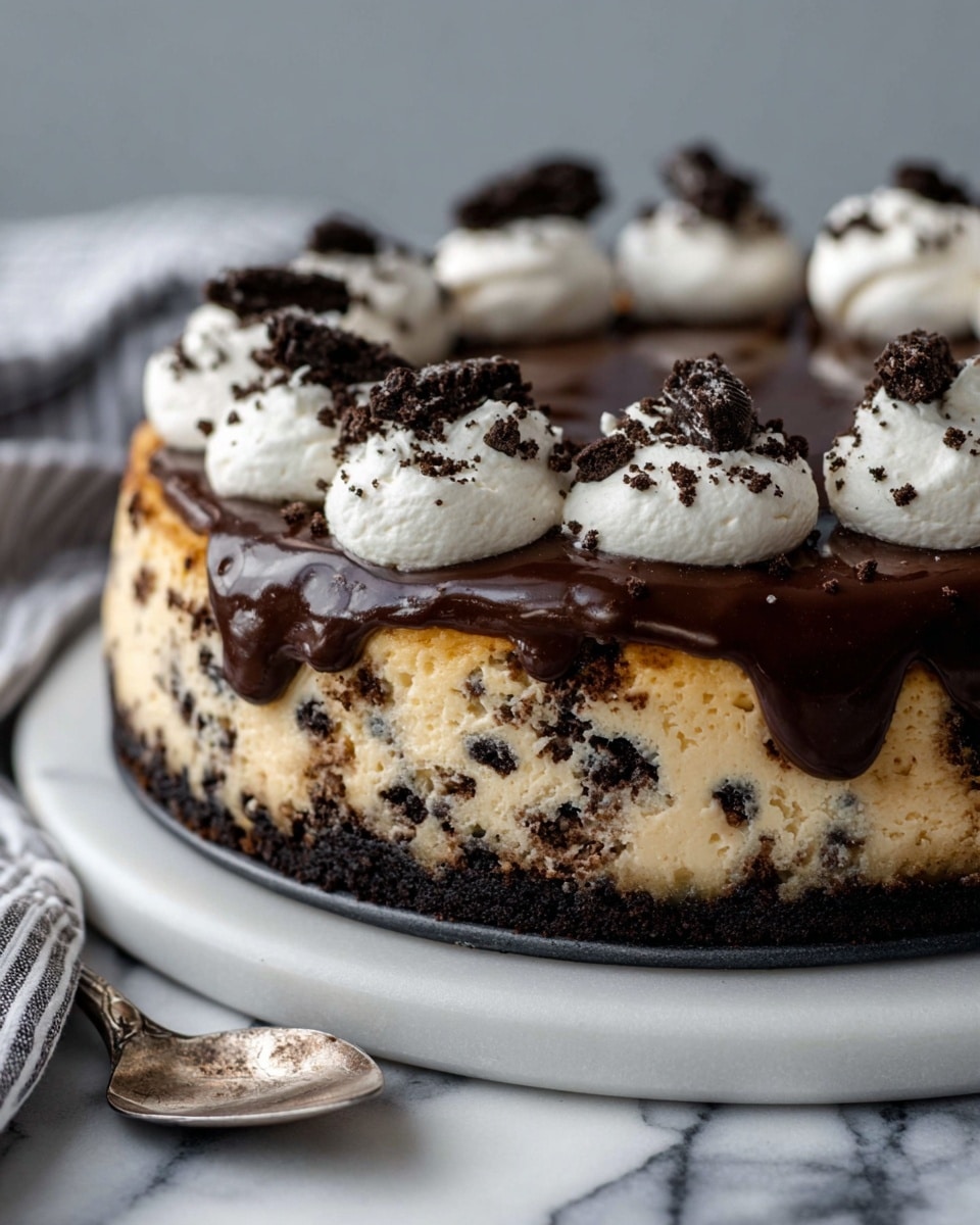 A round cheesecake with three distinct layers sits on a white marbled surface. The bottom crust layer is dark brown and crumbly, made from crushed cookies. The middle layer is thick and creamy, speckled with small pieces of dark cookies and has a light golden-brown color on the edges from baking. The top layer is a glossy dark chocolate ganache that drips slightly over the sides. On top of the ganache, there are evenly spaced dollops of white whipped cream, each sprinkled with small crushed dark cookie pieces. The cheesecake is placed on a dark base and there is a vintage silver spoon nearby, with a striped cloth partially in view. photo taken with an iphone --ar 4:5 --v 7