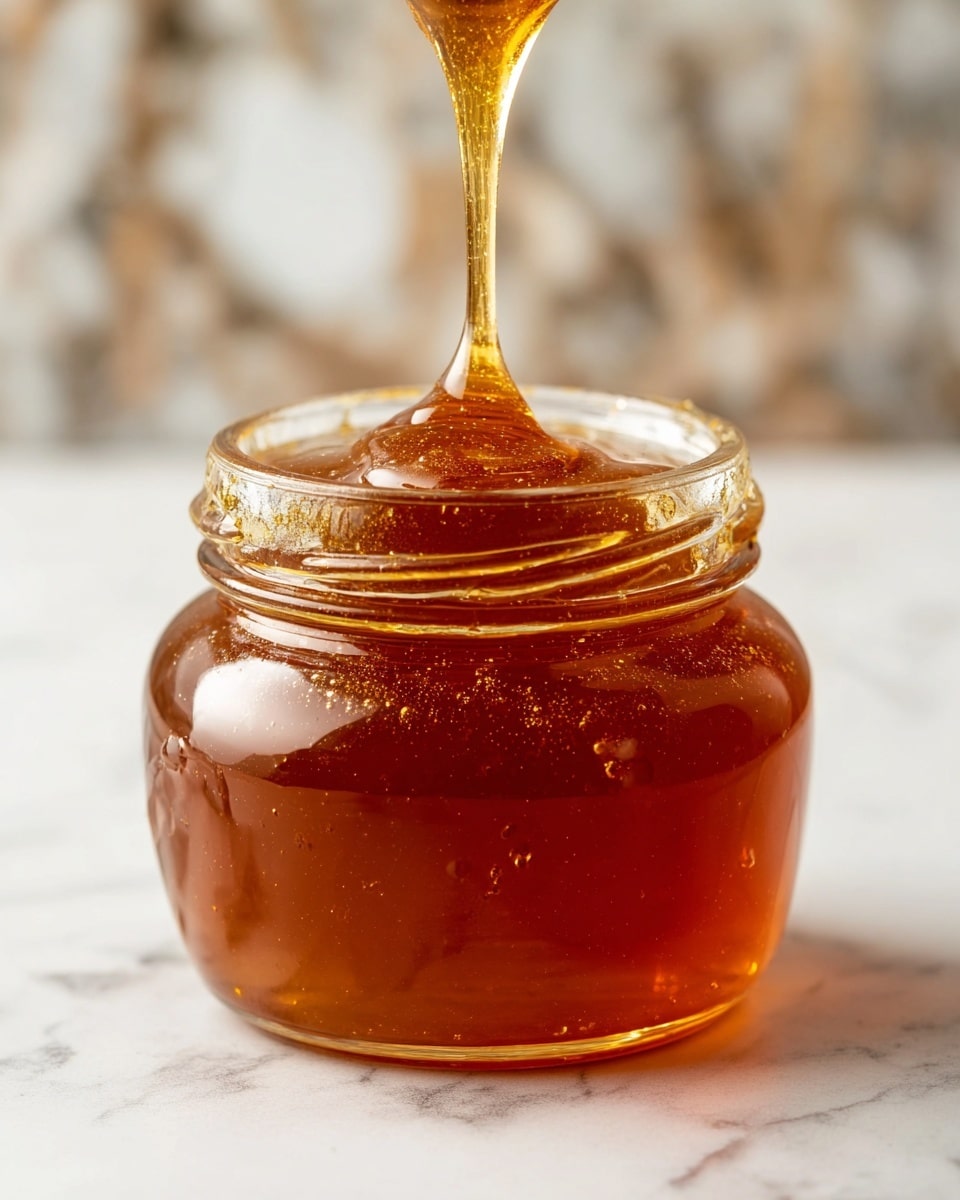 A small round glass jar filled with a thick, glossy caramel sauce that has a rich amber color. The sauce is smooth and swirled near the top, showing a shiny surface. The jar sits on a white marbled texture with subtle gray veins and a gold accent on the side. The background is softly blurred, highlighting the jar and sauce as the main focus. photo taken with an iphone --ar 4:5 --v 7