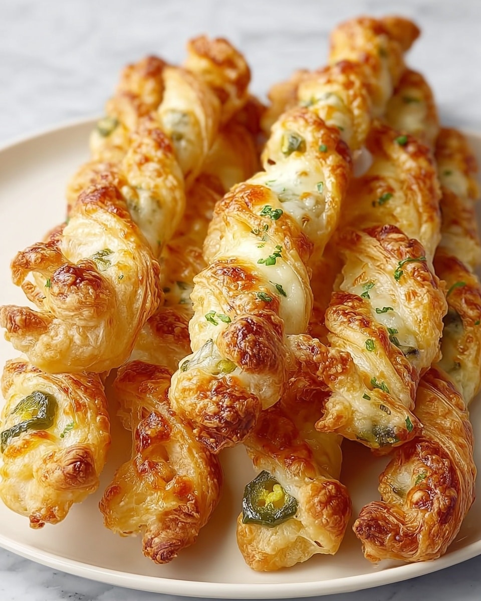 The image shows several golden-brown twisted pastry sticks arranged closely on a white plate, each stick wrapped with melted cheese and dotted with small green slices of jalapeño peppers embedded in the dough. The pastry appears flaky and crispy with a textured surface showing some browned spots from baking. The cheese is melted unevenly, mixing white and yellow tones, giving each stick a rich, appetizing look. The plate rests on a white marbled texture surface, adding a clean and elegant background to the warm colors of the pastry. photo taken with an iphone --ar 4:5 --v 7