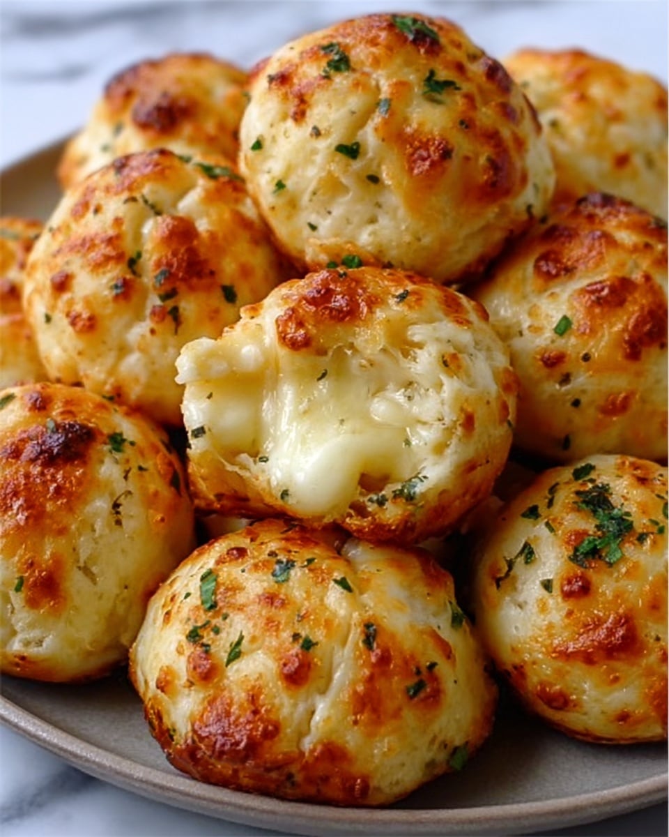 The image shows a close-up view of a plate filled with round, golden-brown cheese-filled bread rolls. Each roll has a slightly crispy texture with melted cheese oozing out from the top or sides. The surface of the rolls is sprinkled with small bits of cheese that have browned during baking and some finely chopped green herbs scattered on top. The bread looks soft with a light crust, and the color ranges from pale creamy to deep golden tones. The rolls are placed closely together on a white plate against a white marbled background. photo taken with an iphone --ar 4:5 --v 7