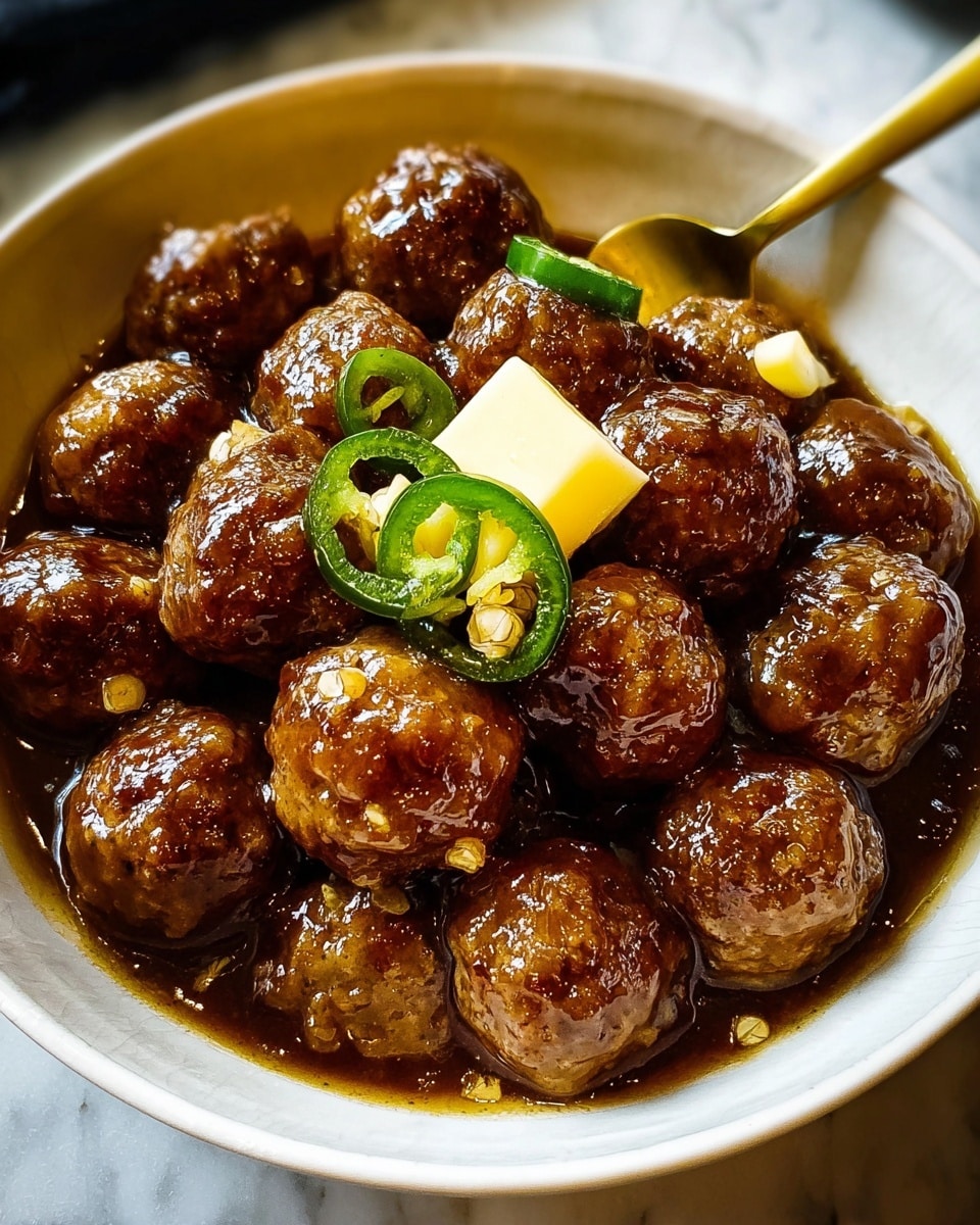 The image shows a close-up of many shiny, round meatballs covered in a glossy brown sauce, sitting inside a white bowl. The meatballs have a slightly rough texture with small specks, and the sauce pools at the bottom, giving a wet and rich look. On top of the meatballs, there are several slices of green jalapeños and one small cube of pale yellow butter, adding color contrast. A golden spoon is partially visible on the right side of the bowl, slightly immersed in the sauce. The background features a white marbled surface that adds a clean and bright setting. Photo taken with an iphone --ar 4:5 --v 7