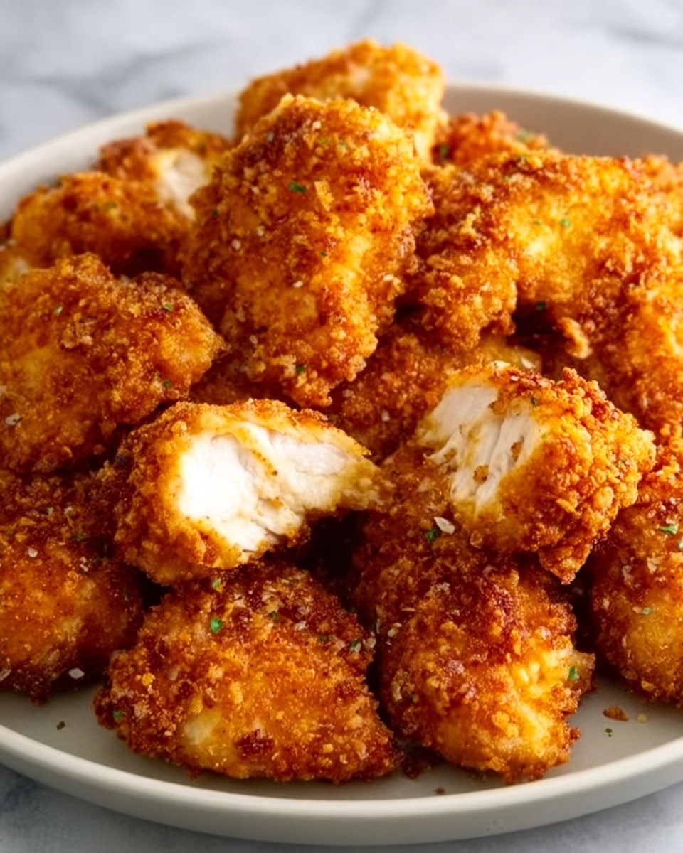The image shows a white plate filled with many golden-brown, crispy fried chicken pieces. They have a rough, crunchy texture from the breading, and some of the chicken pieces are sliced open, revealing juicy, white meat inside. The chicken pieces are piled closely together on the plate, which rests on a white marbled surface, making the warm colors of the chicken stand out. photo taken with an iphone --ar 4:5 --v 7