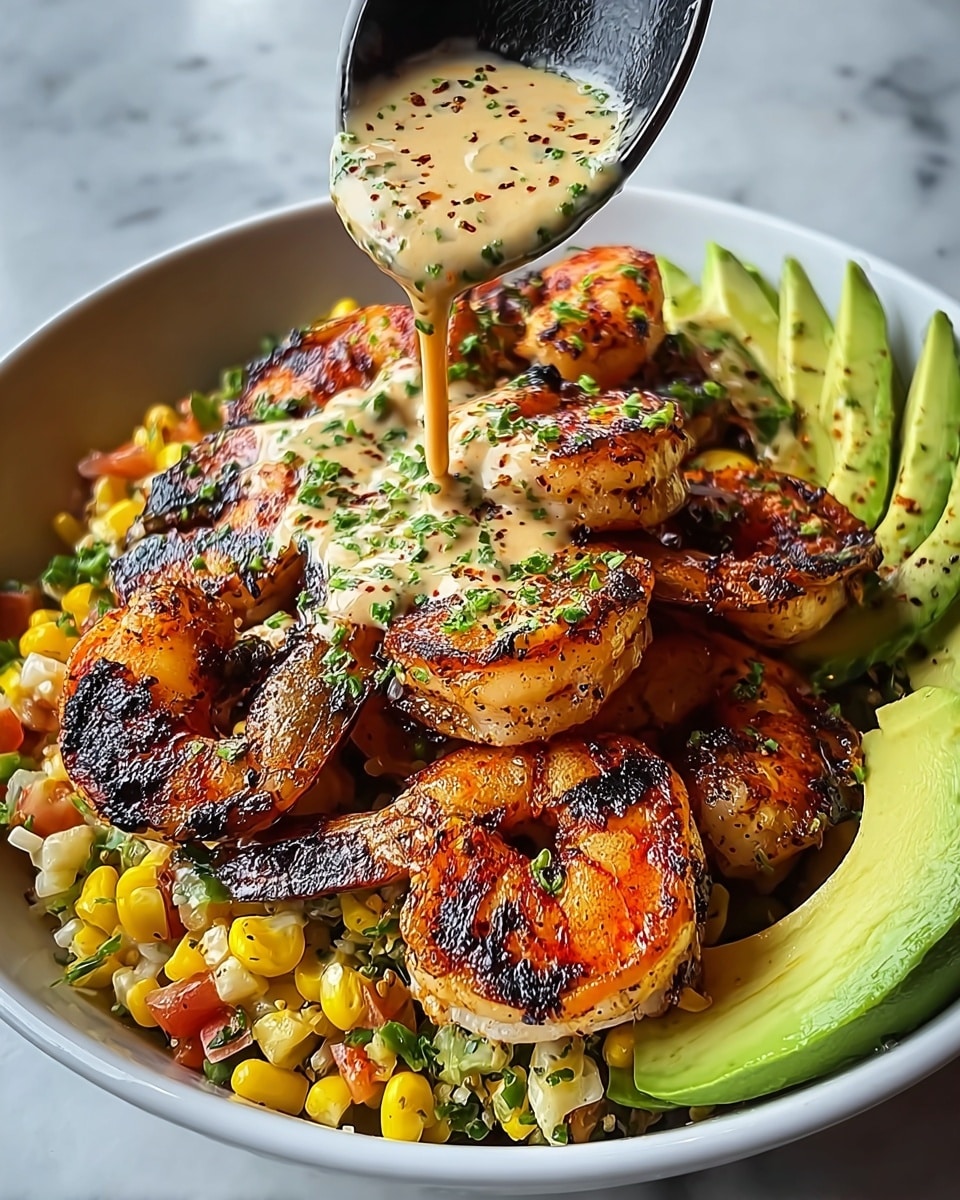 A white bowl filled with layers of grilled shrimp coated in herbs and char marks, piled in the center, with a creamy sauce being poured over from above by a woman's hand holding avocado. Below the shrimp is a colorful mix of yellow corn kernels, diced red onions, and small green avocado pieces, creating a textured base, while on the side of the bowl are thick slices of fresh green avocado. The dish is presented on a white marbled surface with a close-up focus showing the rich colors and textures vividly. photo taken with an iphone --ar 4:5 --v 7