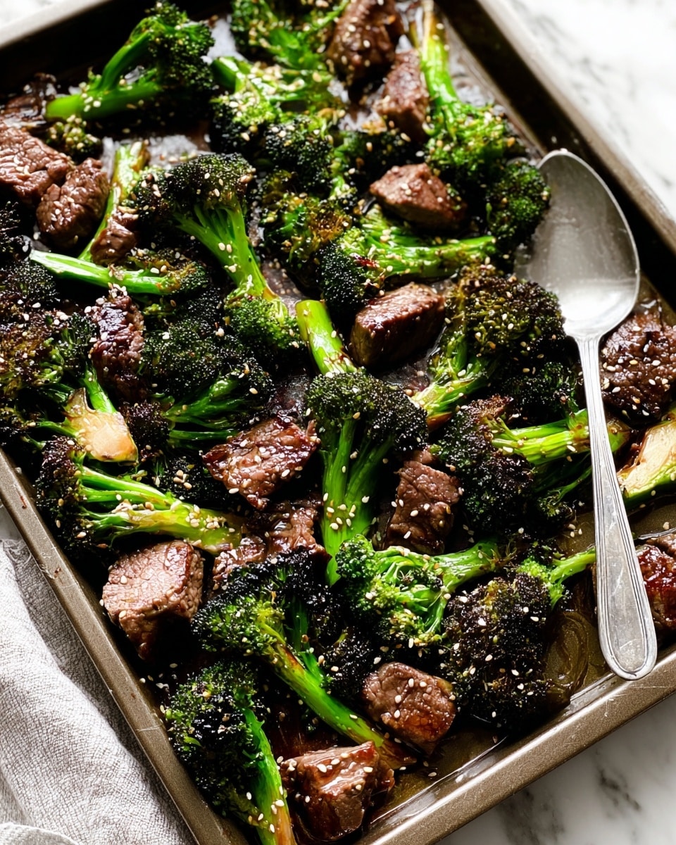 The image shows a baking tray filled with a stir-fry dish made of several pieces of dark green broccoli florets and browned beef chunks scattered across the tray. The broccoli pieces are charred slightly on the edges, with bright green stems and a rough textured surface. The beef pieces are medium brown with a glazed and seared look, with some sesame seeds sprinkled over the dish. A large silver spoon rests on the right side of the tray. The background is white marbled texture. photo taken with an iphone --ar 4:5 --v 7