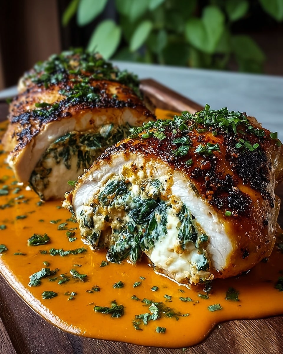 Two stuffed, browned rolls sit closely side by side on a board surface, each with a crispy golden-brown outer layer speckled with small black charred spots and sprinkled with chopped green herbs on top. Inside, there are two visible layers: a creamy white cheese filling and finely chopped bright green spinach mixed with some light yellow cooked egg bits, tightly wrapped inside a light beige meat layer. The rolls rest partially on a smooth, thick pool of rich, reddish-brown sauce with herb bits scattered on it. The background is softly blurred with green plant shapes. photo taken with an iphone --ar 4:5 --v 7